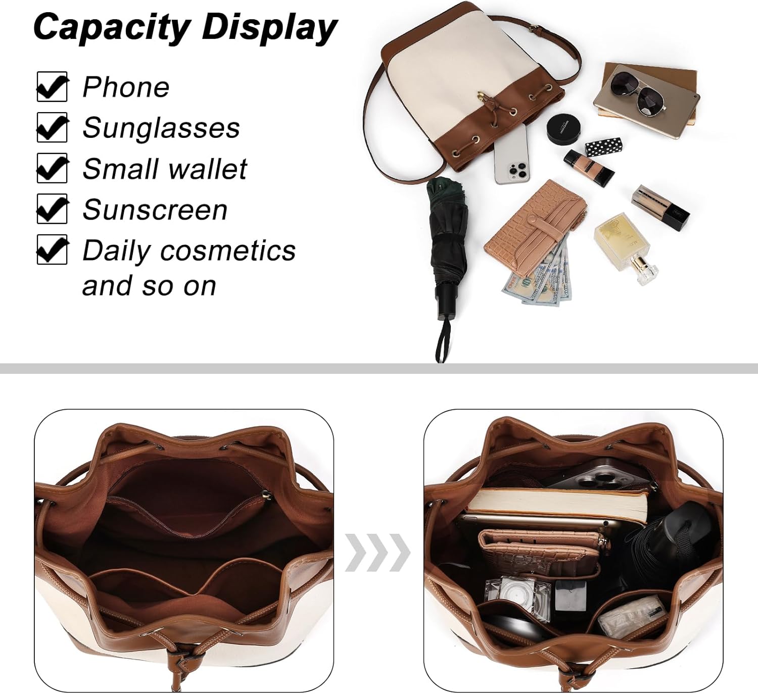 AFKOMST Leather Bucket Bags and Drawstring Crossbody Purse for Women Medium Tote and Hobo Handbags with 2 Shouder Straps - Image 5