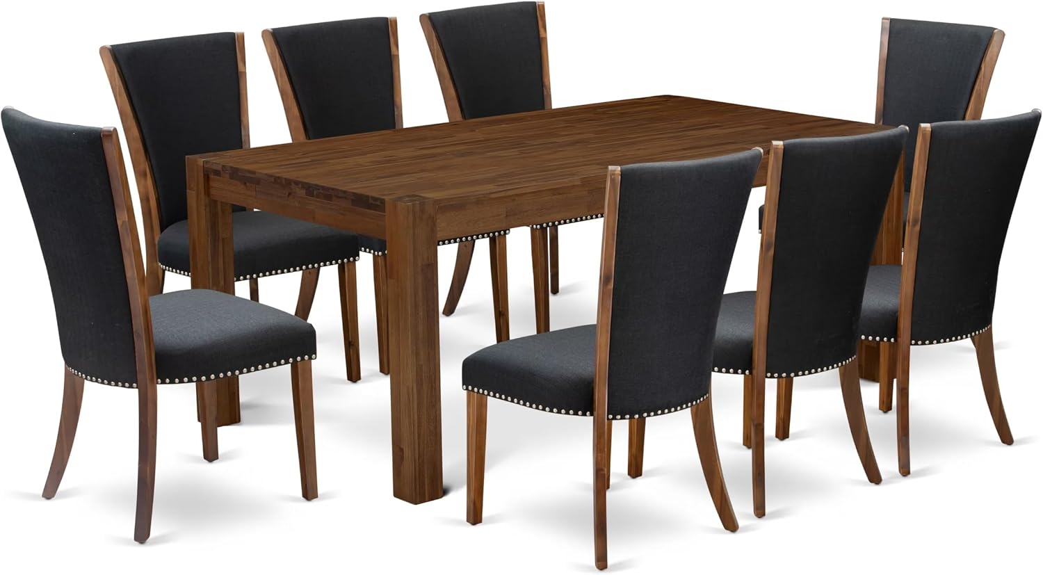 East West Furniture LMVE9-N8-24 9 Piece Dining Table Set Includes a Rectangle Rustic Wood Kitchen Table and 8 Black Color Linen Fabric Parson Dining Room Chairs, 40x72 Inch, Walnut