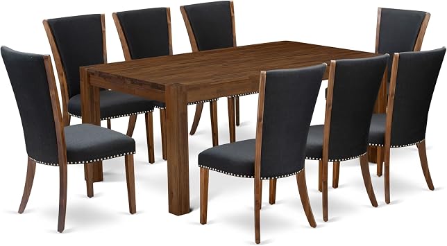East West Furniture LMVE9-N8-24 9 Piece Dining Table Set Includes a Rectangle Rustic Wood Kitchen Table and 8 Black Color Linen Fabric Parson Dining Room Chairs, 40x72 Inch, Walnut