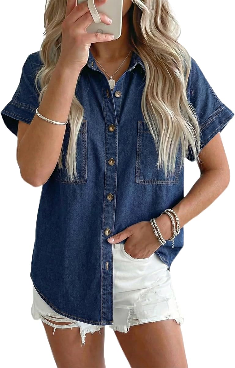 Sidefeel Camisa vaquera de manga corta con botones para mujer