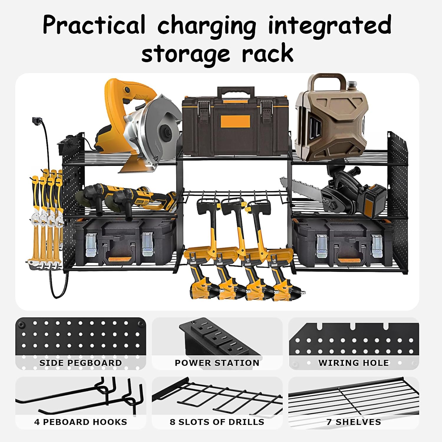 45.5'' W Large Power Tool Organizer with Charging Station, Load 200LB, 3-Tier Wall Tool Rack, 8 Drill Holder Wall Mount, 2 Side Pegboard, Garage Organizer, Gifts for Men