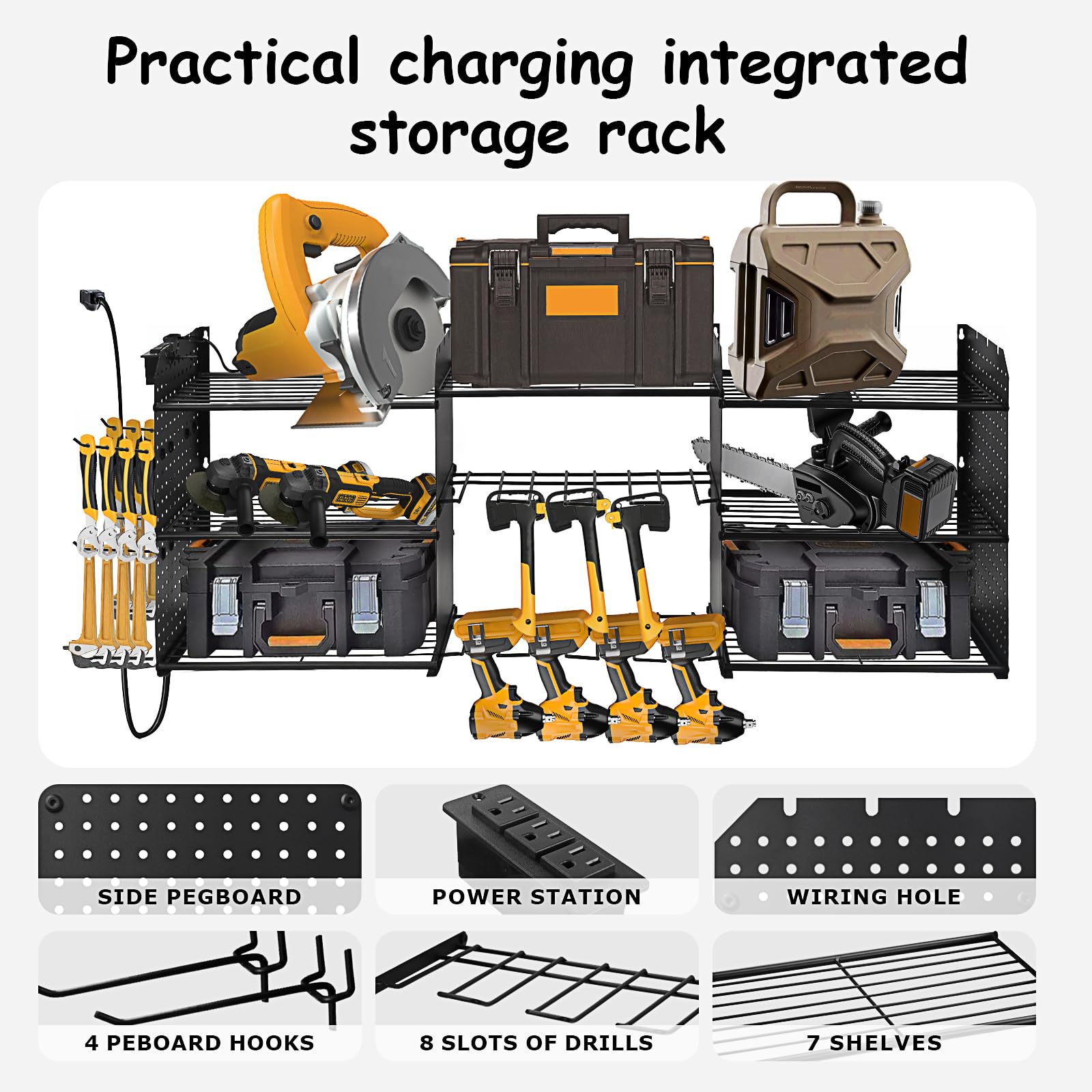 Support mural pour outils électriques – 3 couches de charges métalliques robustes de 90,7 kg, support mural pour 8 perceuses avec multiprise de 0,8 m, organiseurs d'outils de garage et support de