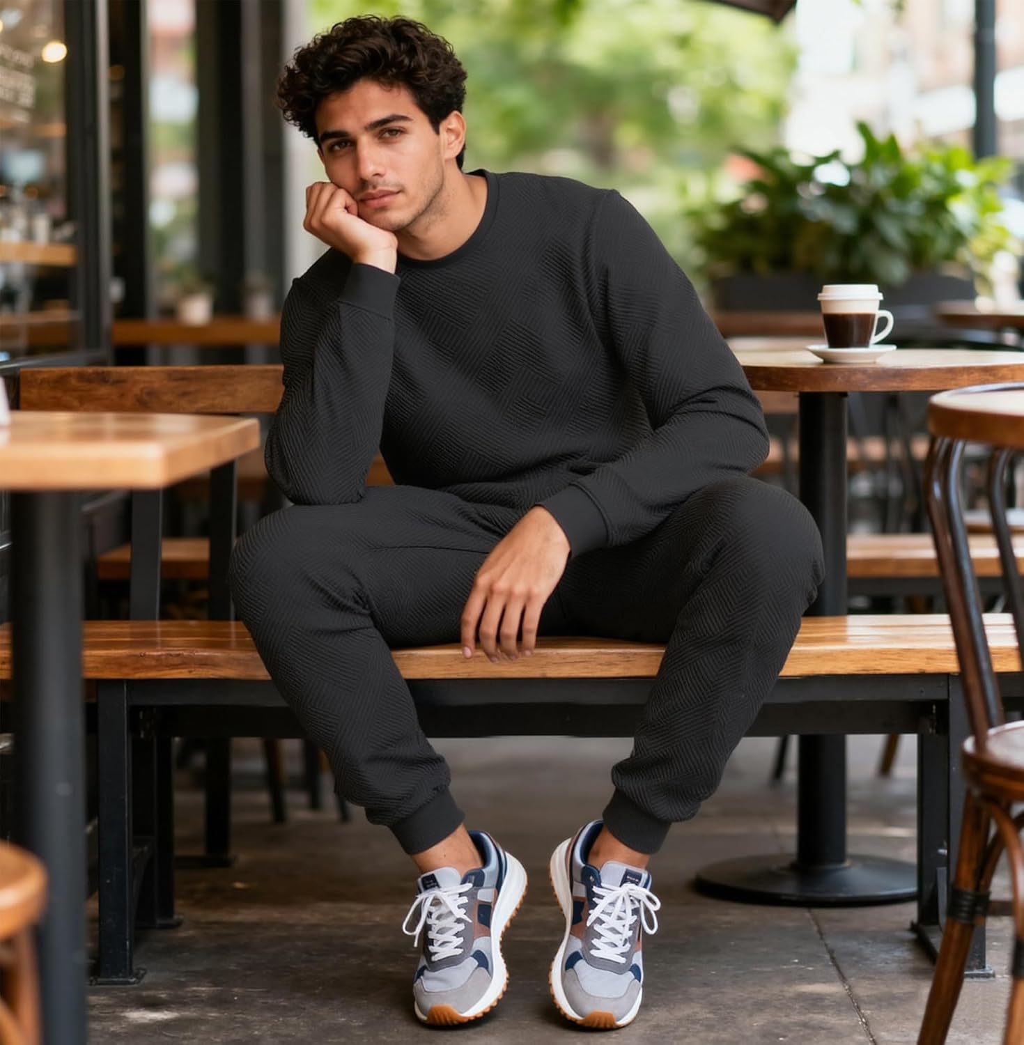 UOUA Mens 2 Piece Sweatsuits Set Long Sleeve Sweatshirt Jogging Sweatpants Tracksuits Outfits - Image 2