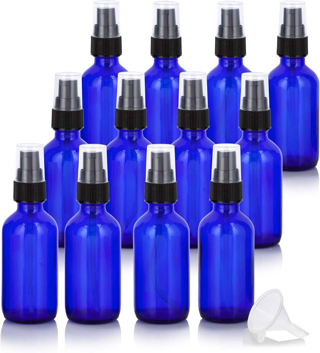 JUVITUS (12 pack) 2 oz Cobalt Blue Glass Boston Round Bottle with Black Treatment Pump + Funnel