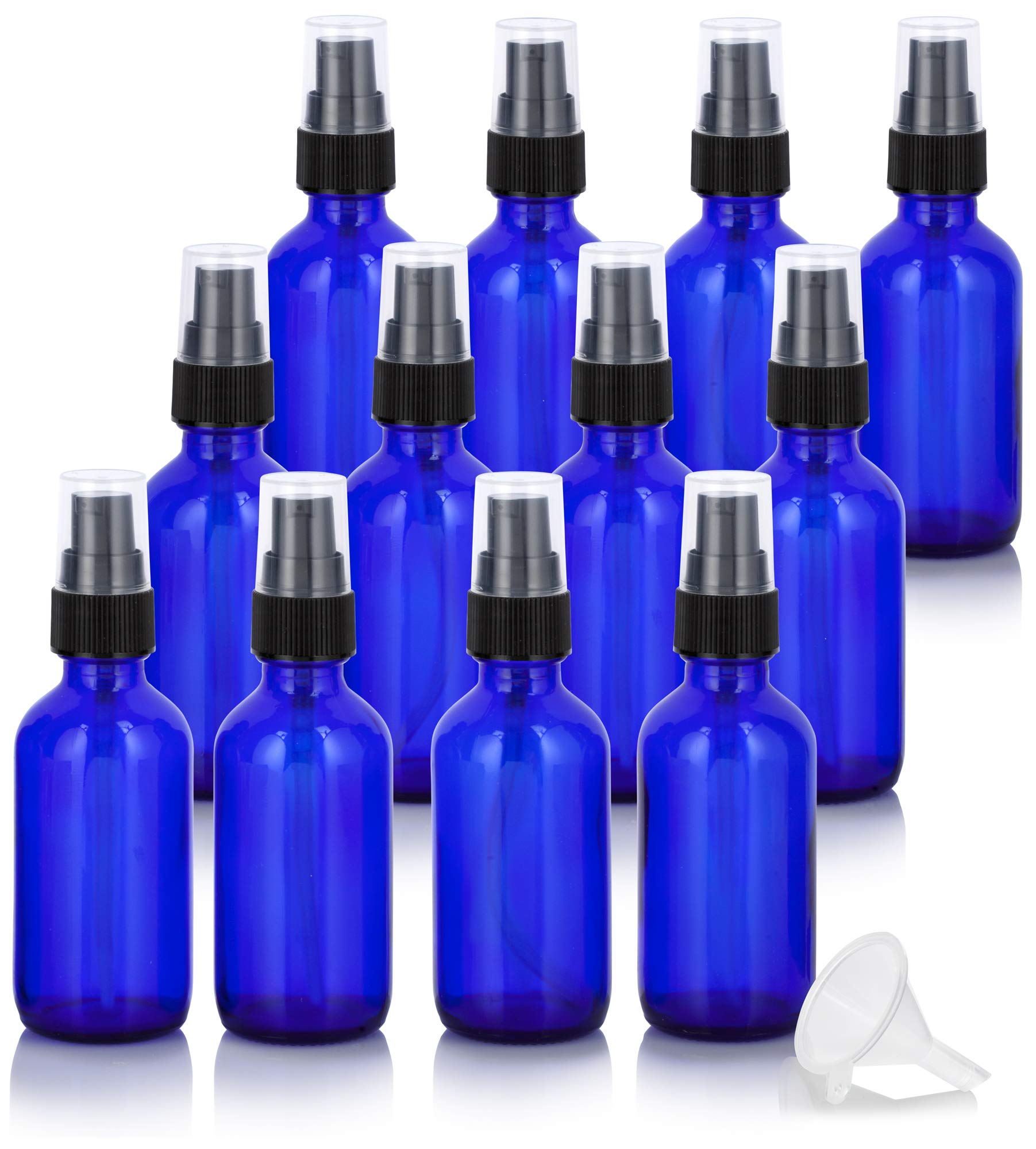 JUVITUS 2 oz Cobalt Blue Glass Boston Round Black Treatment Pump Bottle (12 pack) + Funnel