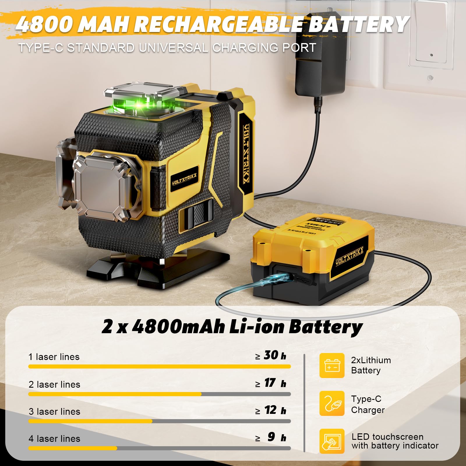 Niveau Laser 360 Autonivelant, 16 Lignes Lazer Niveaux Vert 4D, Laser Chantier avec trepied, 2 Batteries 4800mAh et Télécommande, IP54, pour Rénovation de Maison, Intérieur et Travaux Extérieurs