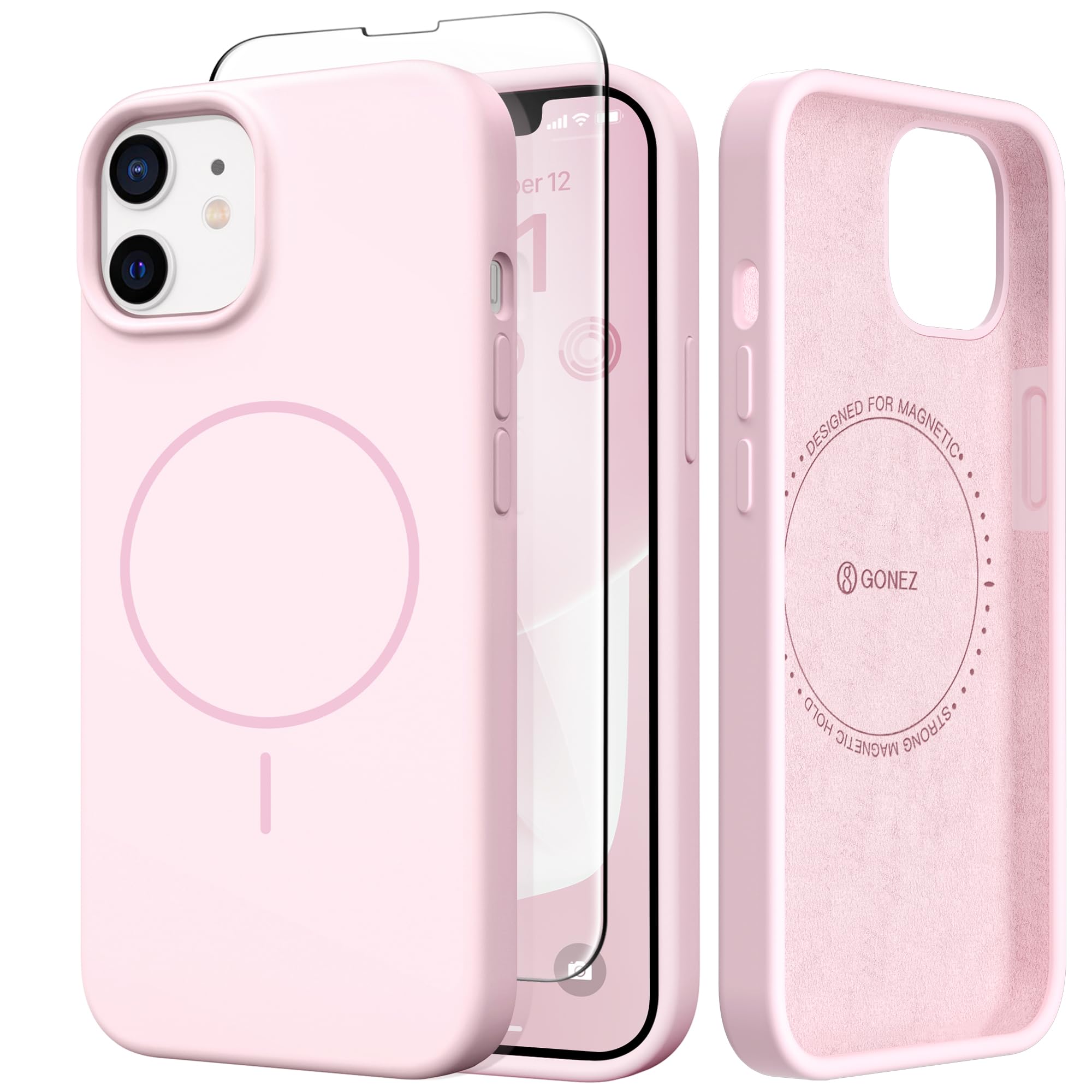 GONEZ Magnetic for iPhone 12/12 Pro Case, Silicone Cover Chalk Pink