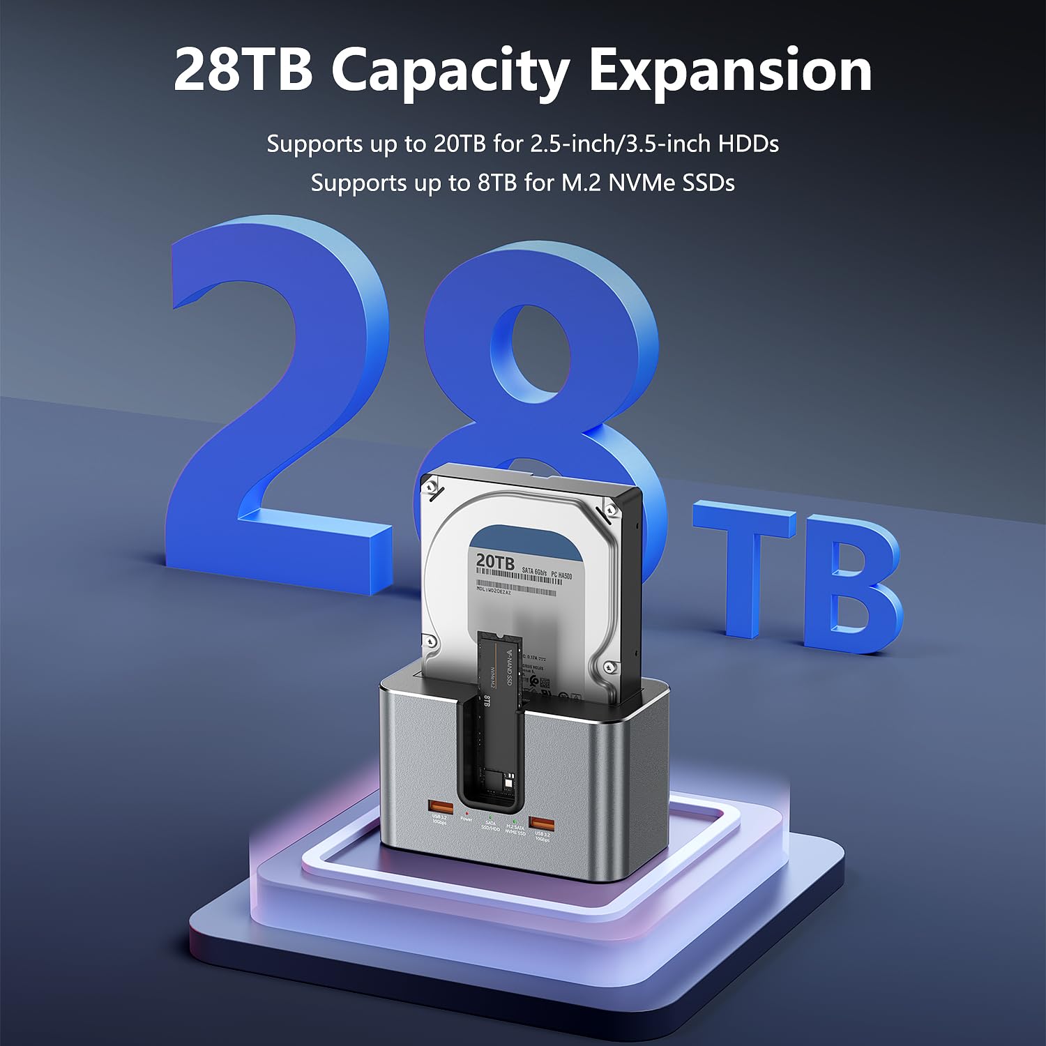 Enclosure per disco rigido a 2 alloggiamenti per HDD/SSD SATA da 2,5" e 3,5" e SSD M.2 NVMe, interfaccia USB 3.2 da 10 Gbps, fino a 28 TB