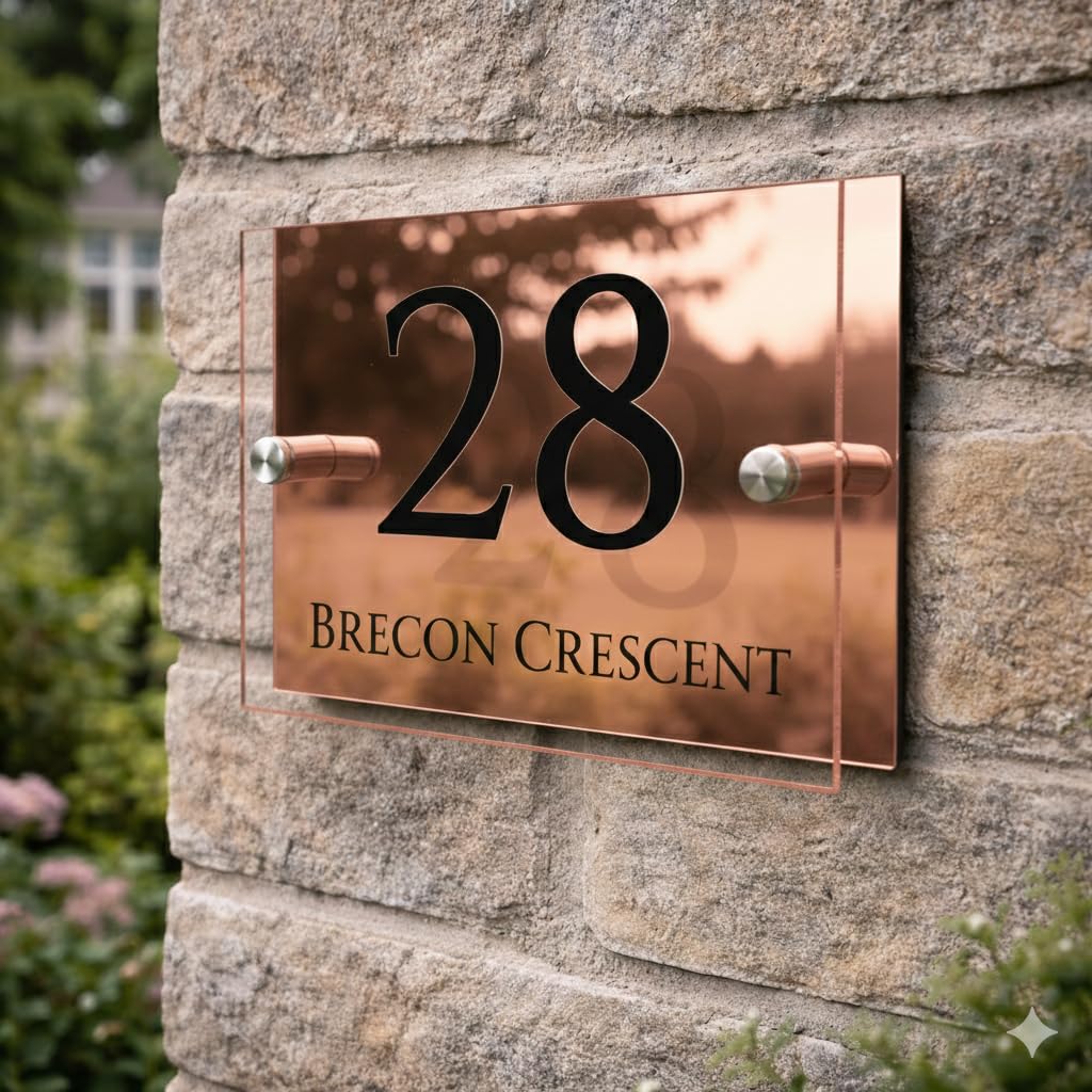 Personalised House Numbers Plaques by Blitz Craft | Glass Effect Acrylic and Rose Gold Mirrored Finish | Custom Address Text with Door Numbers for Outside, Weatherproof Design with Fixings (200x130mm)