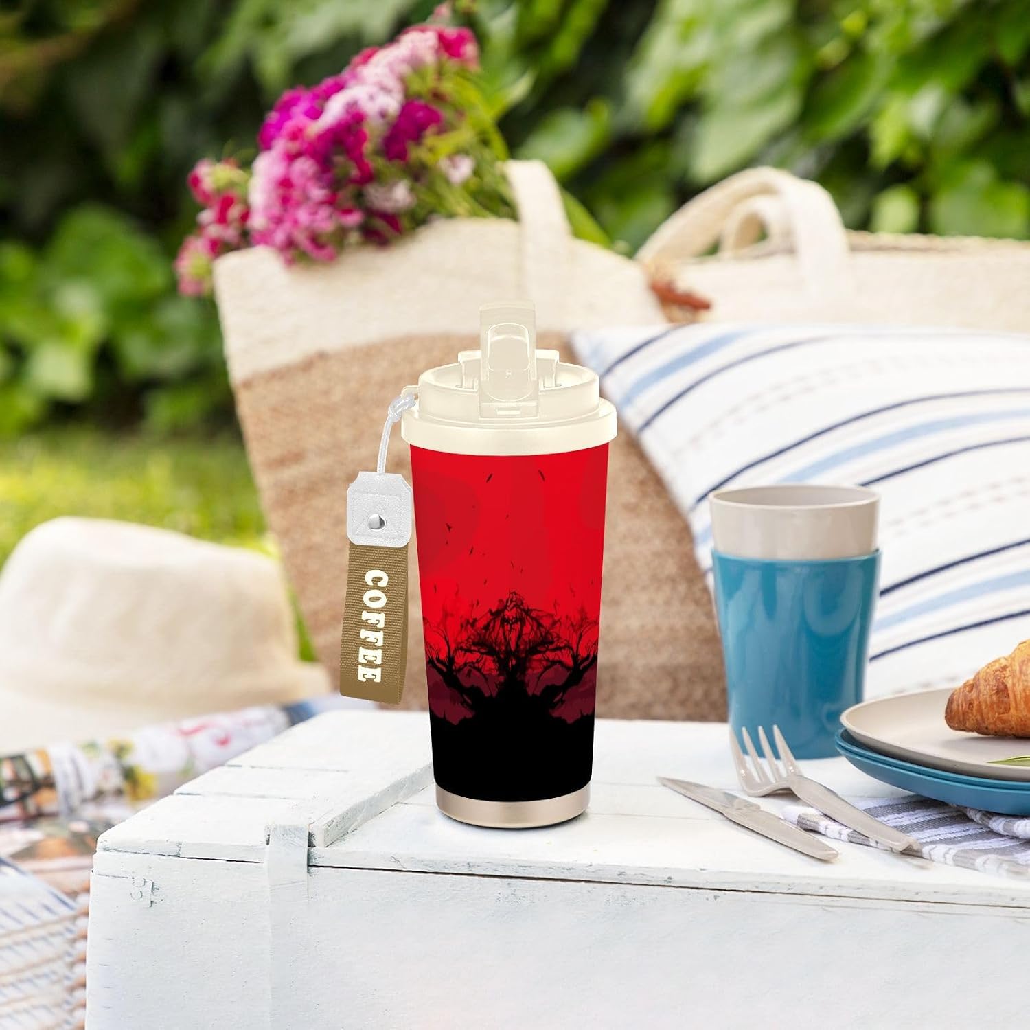 Samurai Woman Japanese Insulated Coffee Mug with Straw & Flip Lid, 16.9oz Iced Tumbler Cup, Double Wall Vacuum Mug for Travel Office