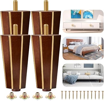 Wood Furniture Legs Set of 4 - Square Round Couch Brown Sofa Dresser - Century Modern Replacement Parts for Armchair Recliner Coffee Table Cabinet Bed Chair Brown, 6 Inch