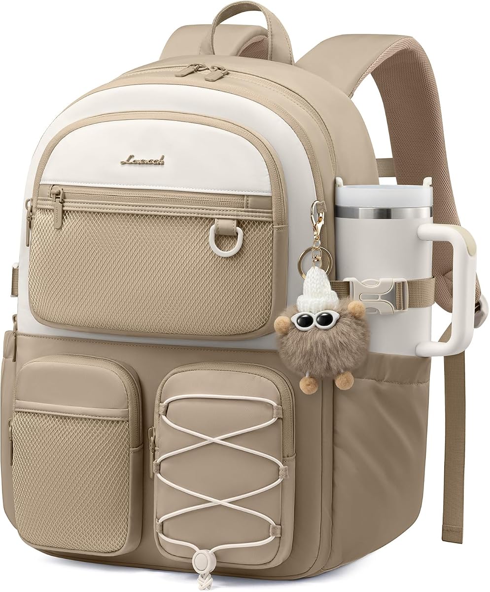 LOVEVOOK School Backpack for Teen Girls, Student Cute Bookbag Purse for Middle High School, 15.6 Inch Laptop Kid Backpack Back to School with Large Cup Holder, College Travel Bag, Beige Khaki