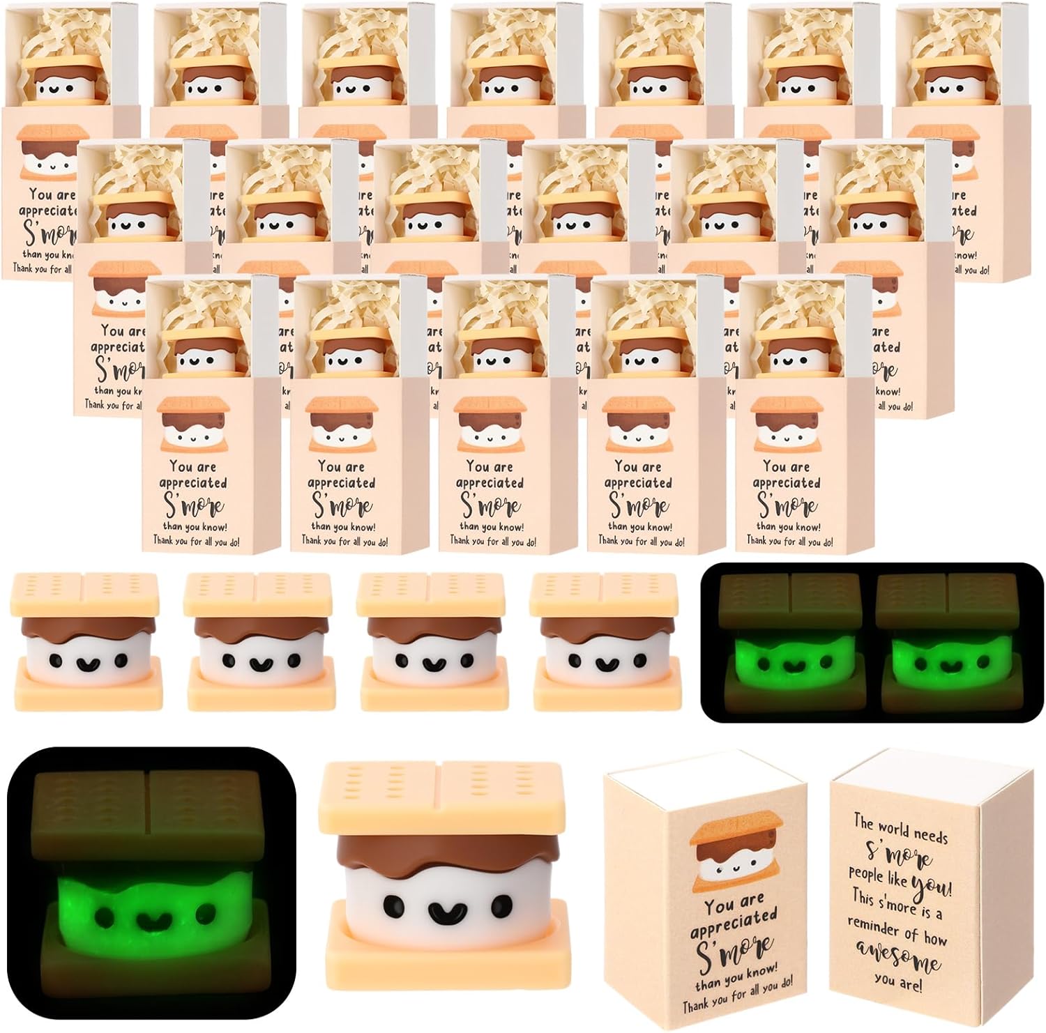90 Sets Positive S'more Gifts Bulk for Office Employee Coworkers Cute Luminous Resin Smore with Emotional Support Gift Boxes for Friend Volunteer Staff Teacher Emotional Relief Desk Decor