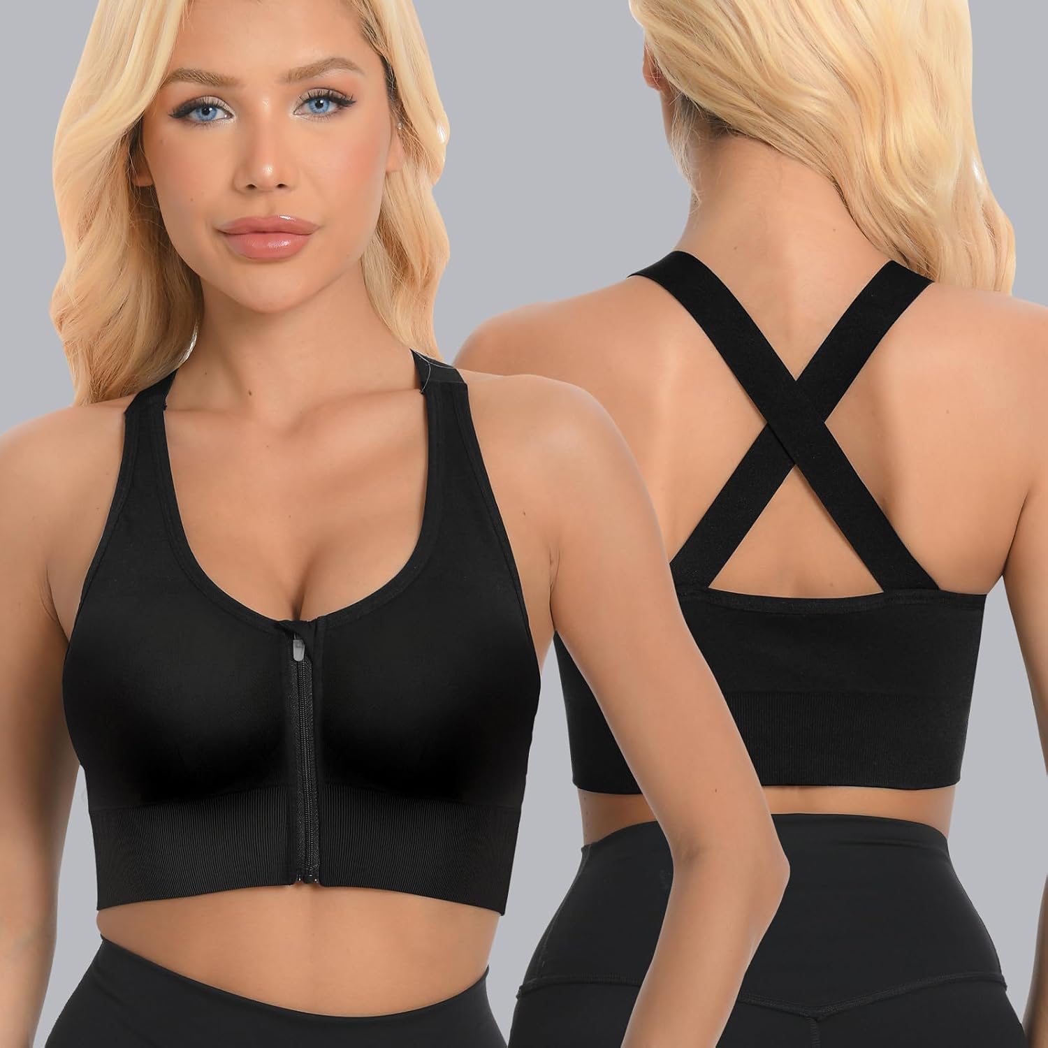 2 Pack Sports Bras for Women, Zipper Front Closure Workout Running Bra High Impact Seamless Padded Wireless Yoga Bras - Image 2