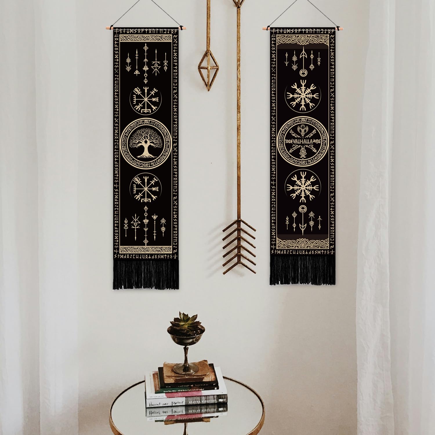 PLIGREAT Confezione da 2 Arazzi Vichinghi con Simboli e Nappe, Arazzo con Albero della Vita, Arazzo Estetico Verticale, Decorazione per Casa, Arazzo per Camera da Letto, Bagno, Soggiorno, Decorazione