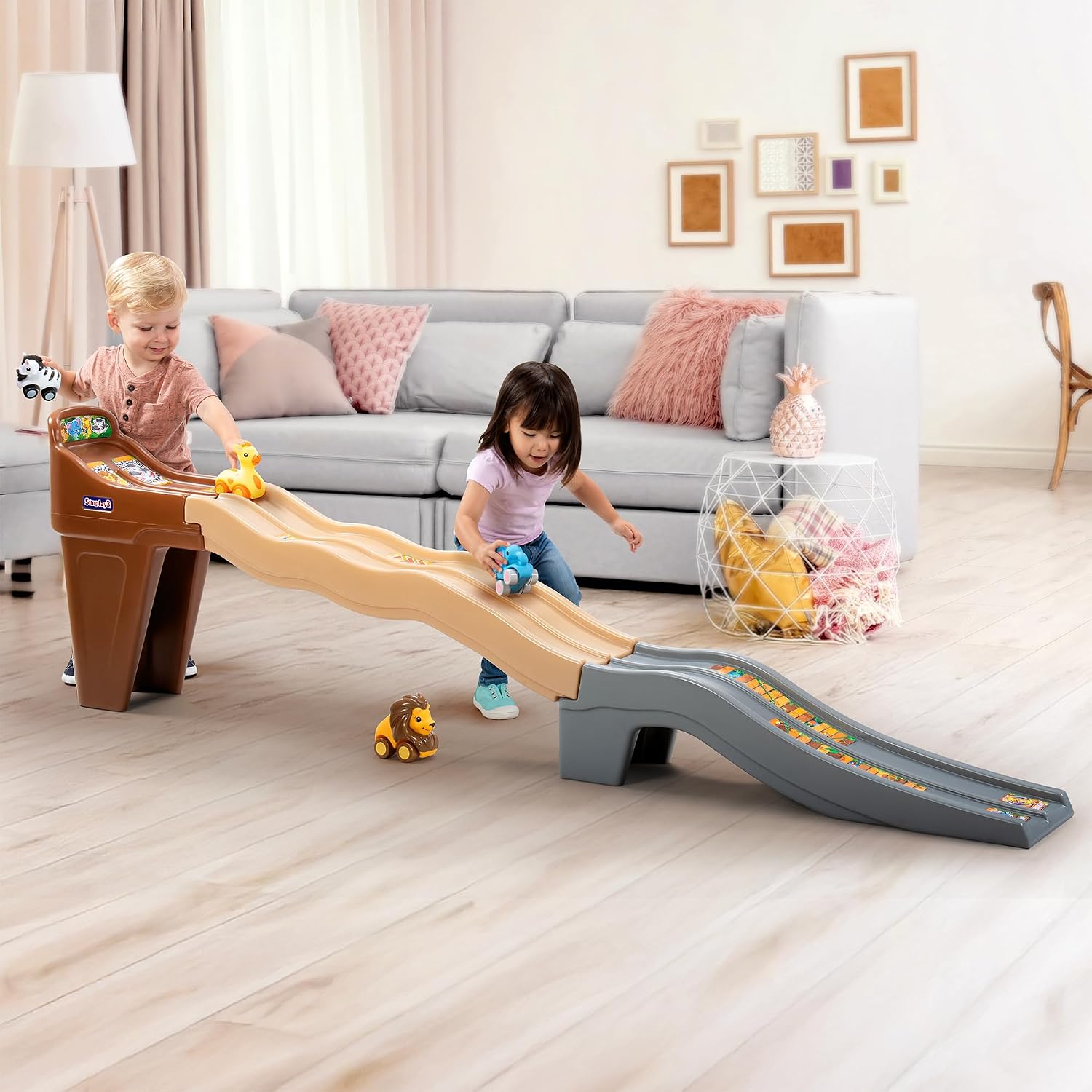 Simplay3 Safari Adventure Race Track, Dual Lane Toddler Racetrack, Car Ramp Toy for Indoor or Outdoor Play, 4 Toy Animal Cars Included, Made in USA
