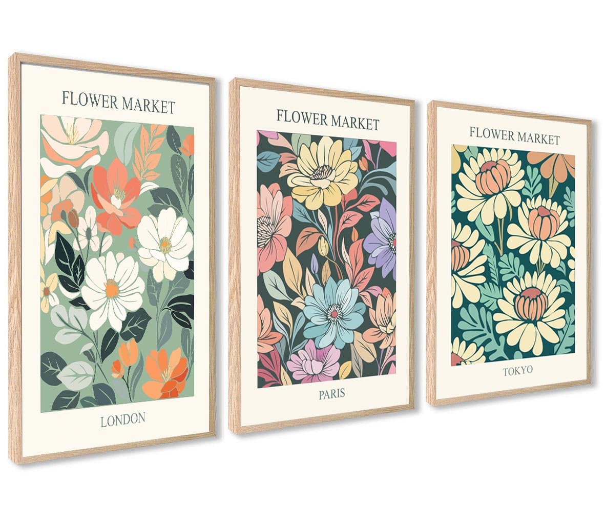 ag.art deco Pack of 3 Wall Art 40x50cm Wooden Frame Wall Decor, Flower Market