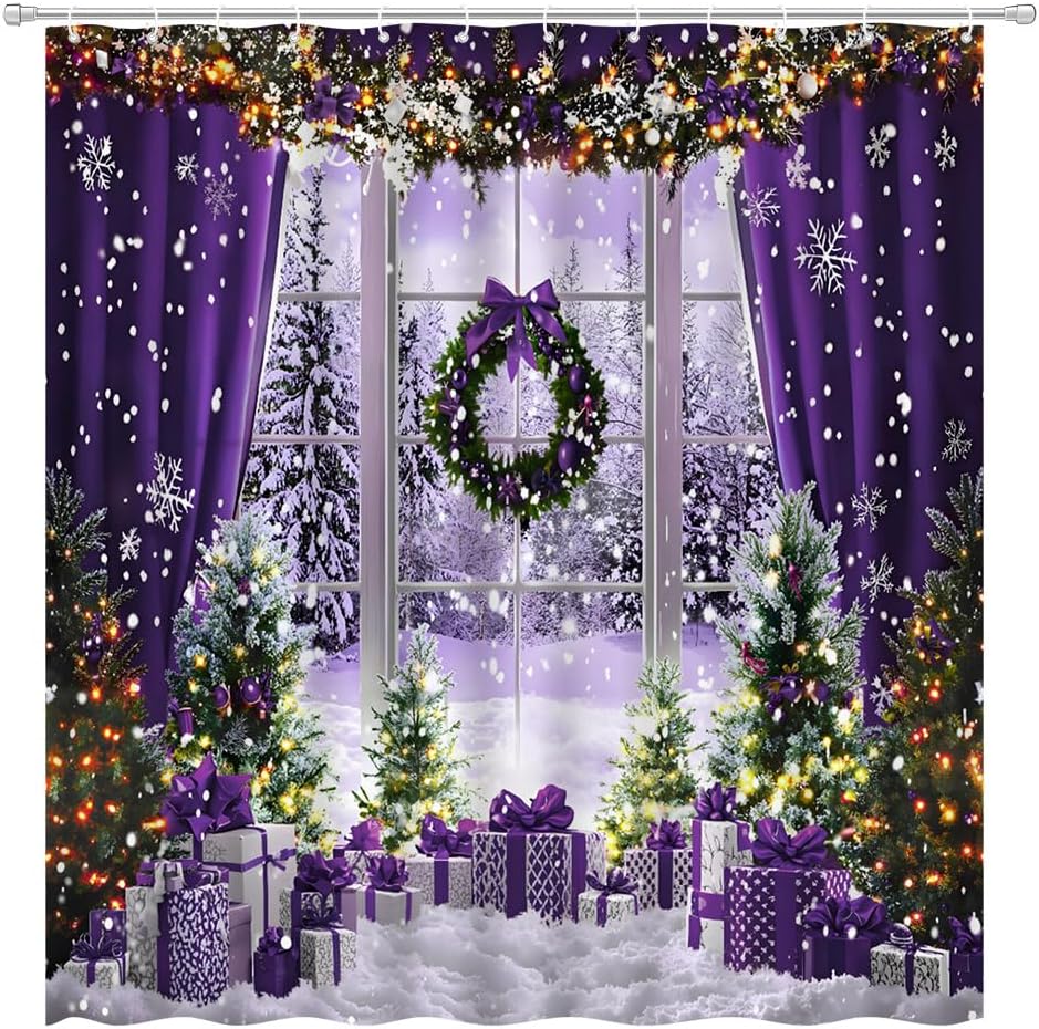 Christmas Shower Curtain Winter Winter Forest Xmas Tree Pine Snowflake Purple Rustic Farmhouse Snow Scene New Year Holiday Bathroom Decor Curtains Set with Hooks