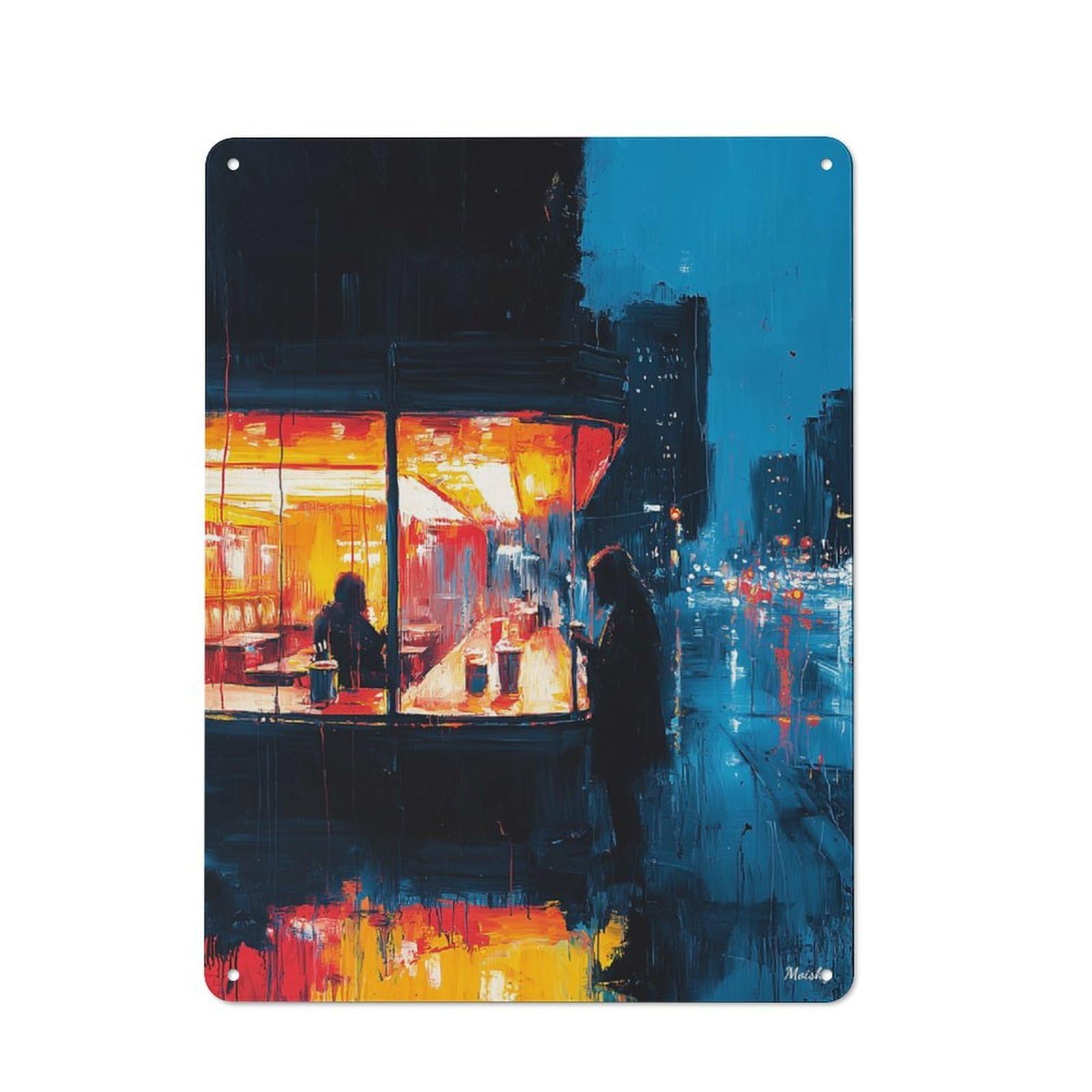 Junmoney Expressionist Urban Night Café – Bold Cinemat Ic Cityscape Metal Wall Plaque 40X30cm, Understated Creative Space Decor For Home Office, Reading Corner Or Bedroom