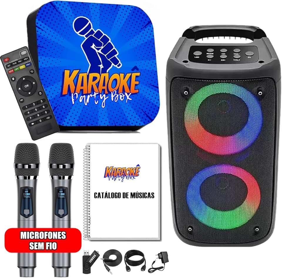 Karaoke Party Box Profissional Azul +2 Microfones Sem Fio +Caixa De Som +2000 Músicas +Catálogo (Sistema Com Pontuação)