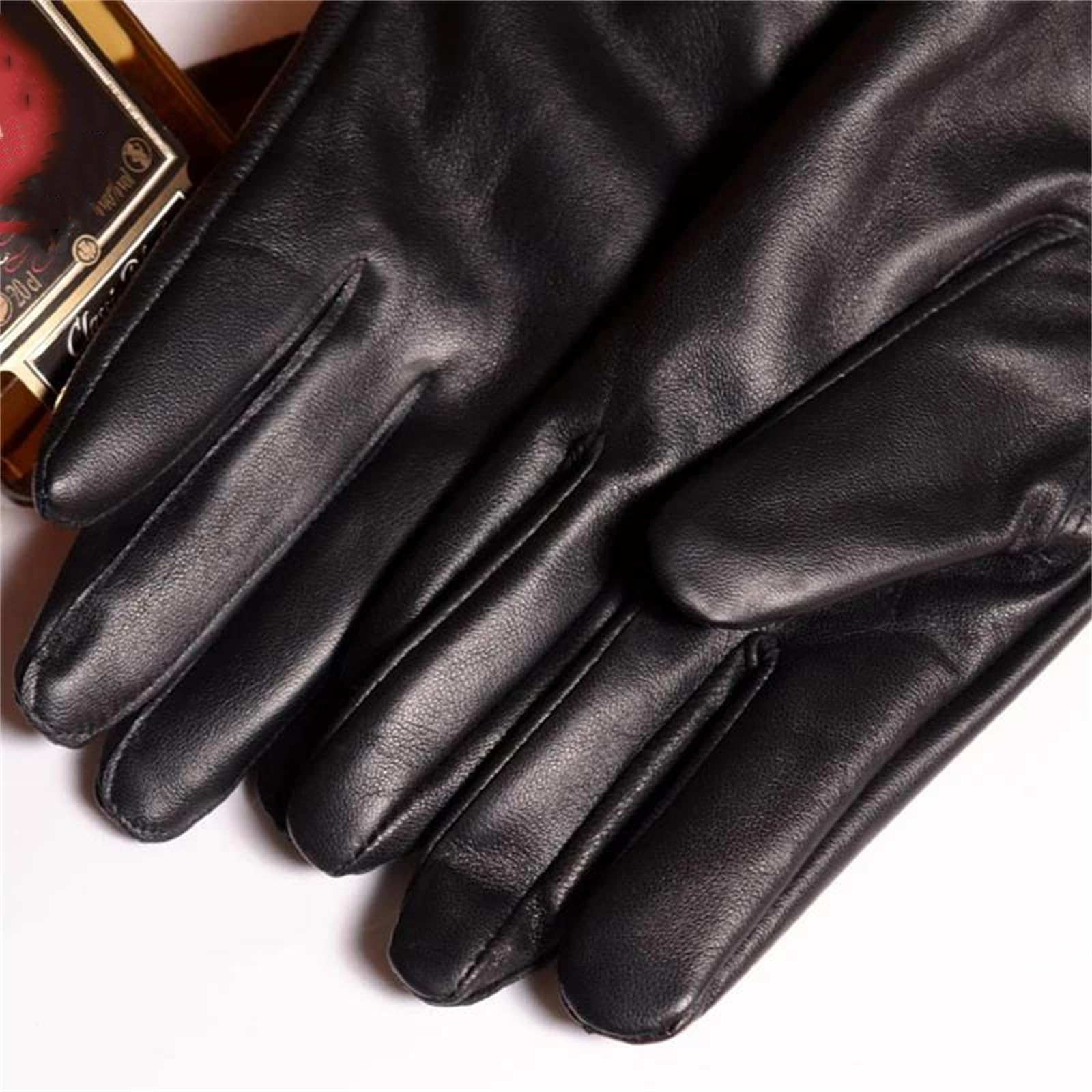 Guantes largos de piel de oveja auténtica para hombre, color negro, longitud de ópera, gruesos, con forro polar cálido, guantes de ciclismo