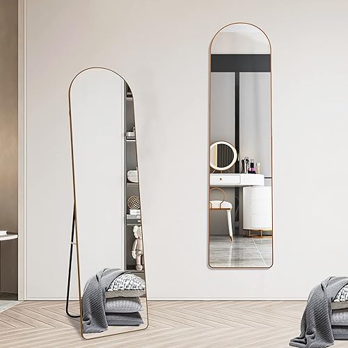 Espejo arqueado de longitud completa con soporte 575 x 142 pulgadas espejo de pared para colgar o apoyar contra la pared marco de aleación de