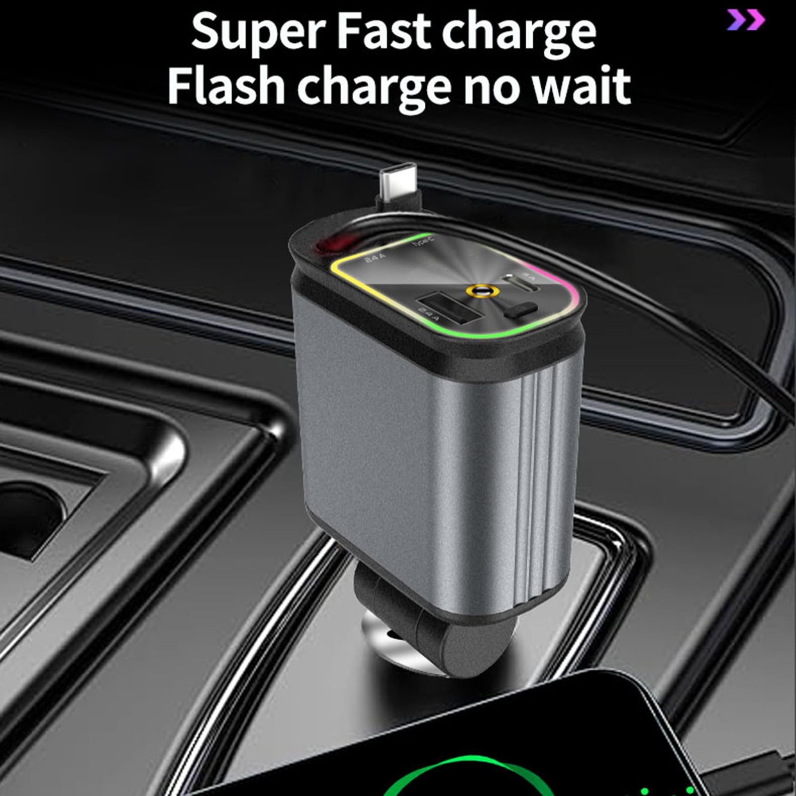 Adaptador ajustable de carga de coche de 180 grados con luz de proyector de estrellas doble USB C y USB un accesorio rápido