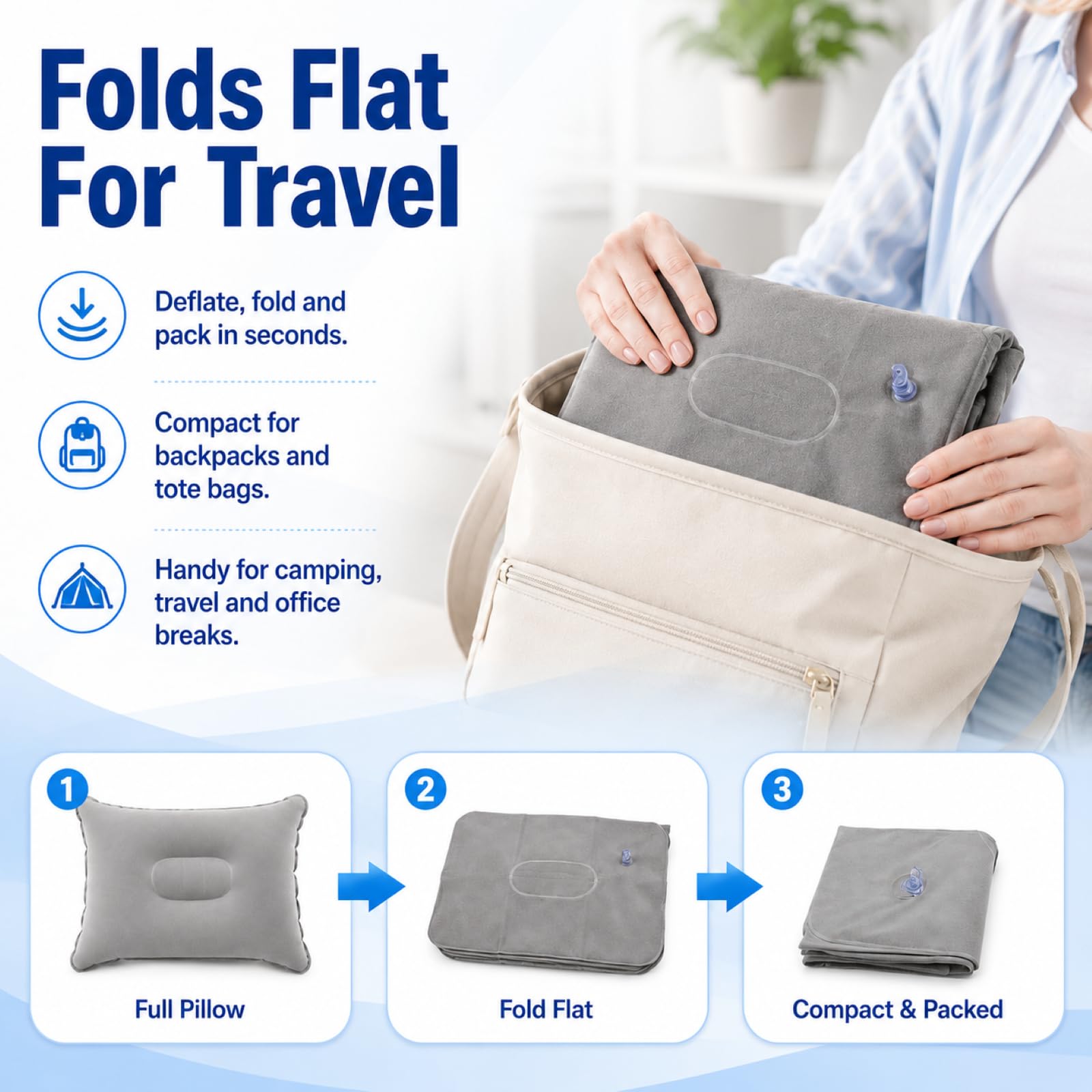 2 Stück Aufblasbares Kissen 38 x 24 cm, Graues PVC Luftkissen Kopfkissen, Sitzkissen und Reisekissen, Leichtes Camping Zubehör für Wandern, Strand, Picknick, Festival, Flugzeug und Outdoor