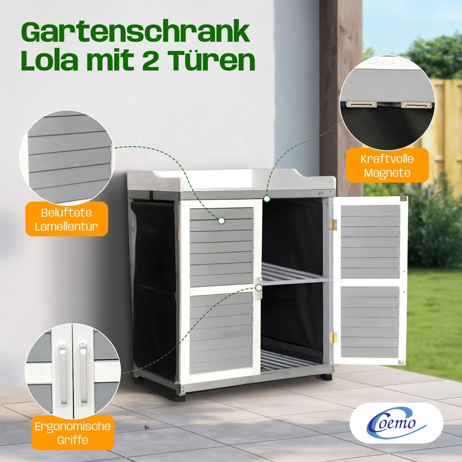 Gartenschrank Lola Grau 67x46x98 cm - Pflanztisch mit Stauraum, Geräteschrank mit verzinkter Arbeitsplatte, aufrollbare Wände, 1 Einlegeboden, Flexibler Schrank für Garten, Balkon & Terrasse