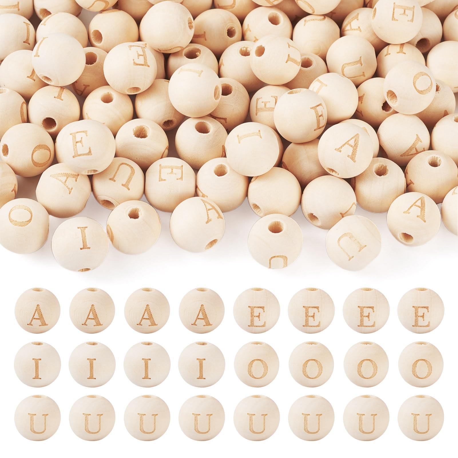 Boutigem 100Pcs Wooden Alphabet Beads Round with Vowel Letter Wood Beads Large Hole European Beads for Christmas Jewelry Making DIY Crafts
