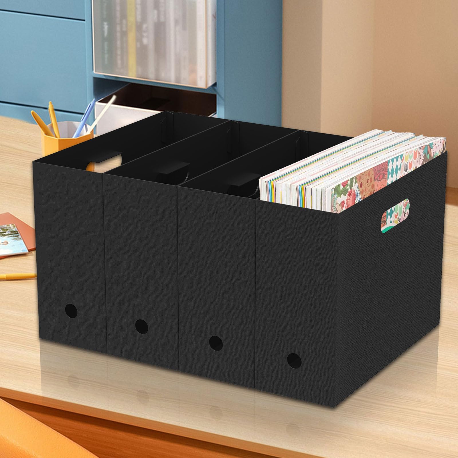 4Pcs Desk Storage Organiser Book Paper Filing Organiser Collapsible Scrapbook Paper Holder with Handle Plastic Scrapbook Holder Bin for Documents Books Journals Scrapbooks 32x11x24.5cm (black)