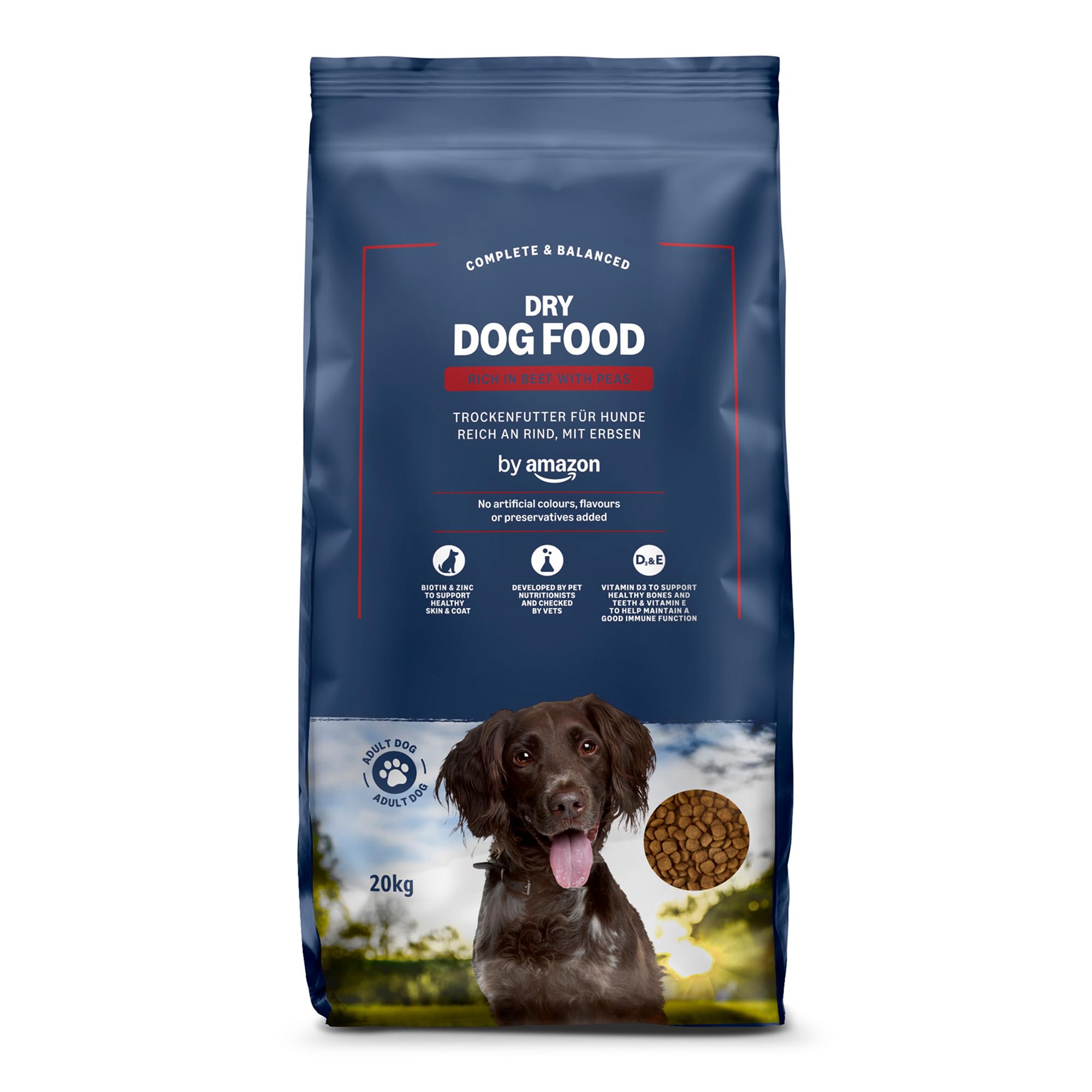 by Amazon - Alimento secco completo per cani adulti ricco di manzo con piselli, 1 confezione da 20 kg