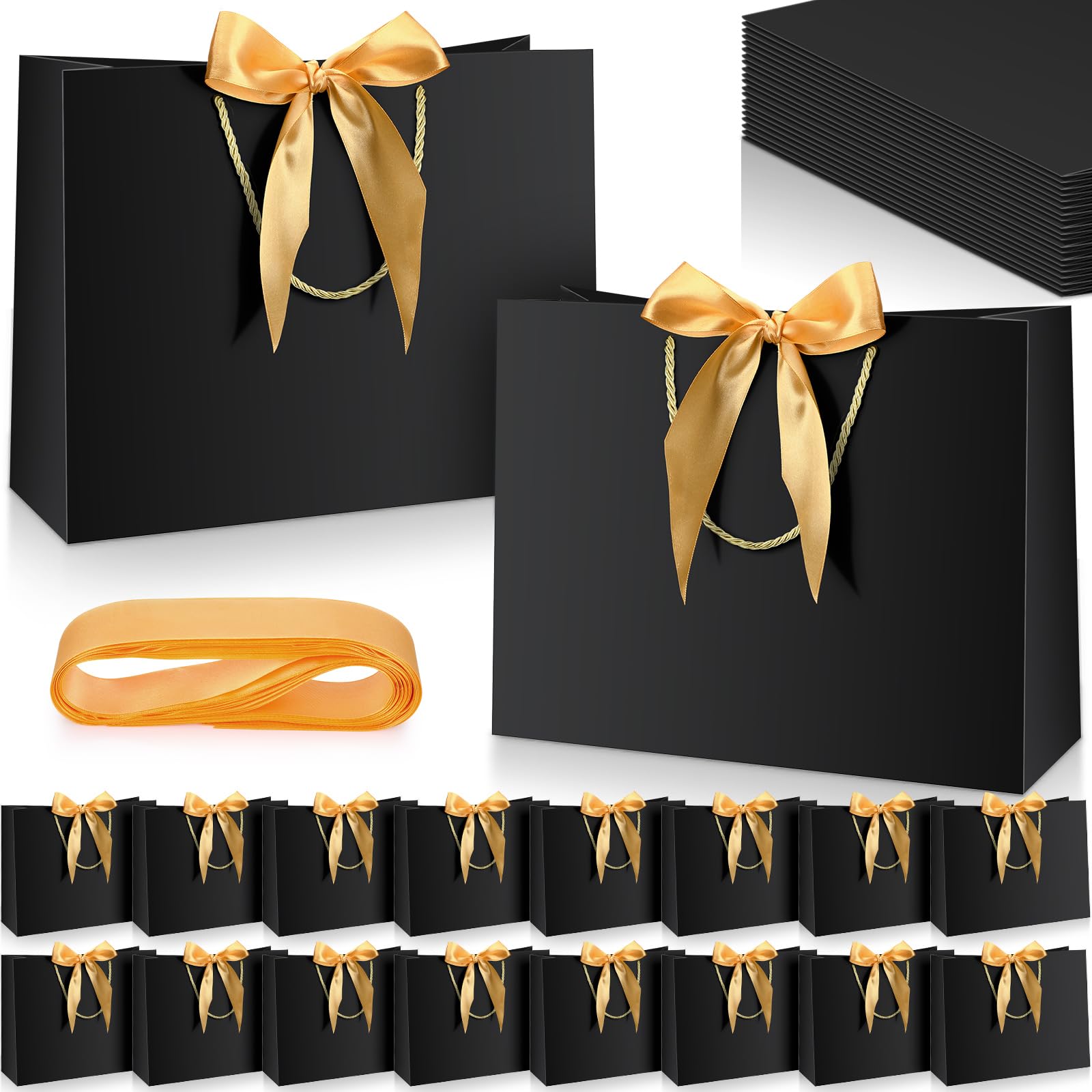 Kolldenn 50 Pcs Gift Bags with Handle 12.6 x 10 x 4.3 Inch Black Gold Thank You Bag with Bow Ribbon for Christmas Wedding Birthday Bridal Shower