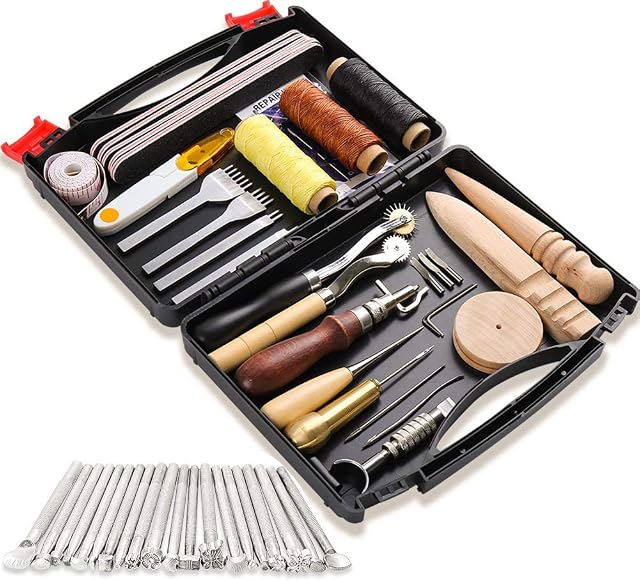 50 Pieces Leather Tools Kit, Leather Tools and Supplies, Leather Working Kits Supplies with Leather Tool Box Prong Punch Edge Beveler Wax Threads Needles Perfect for Stitching Punching Cutting Sewing