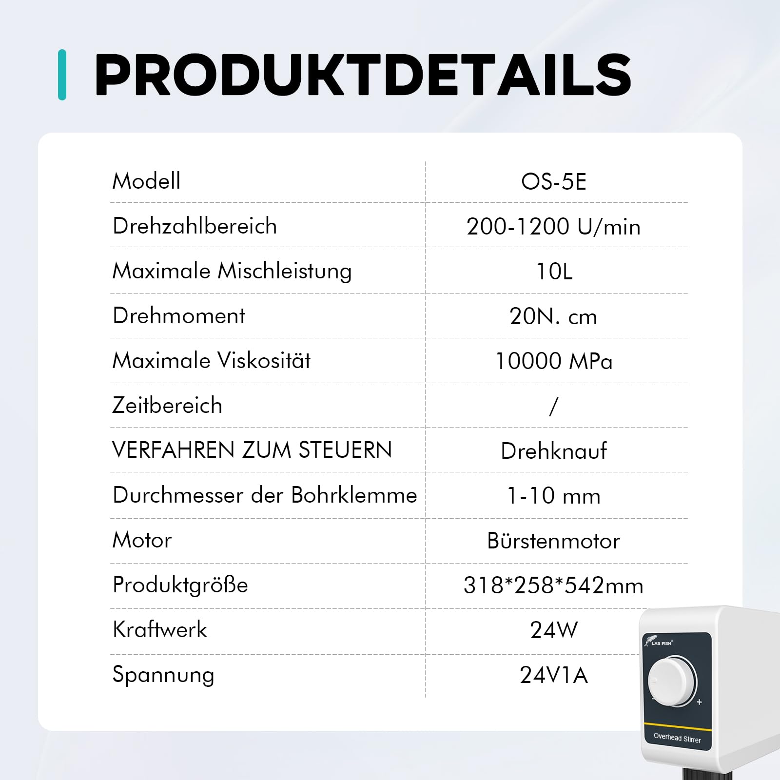 LAB FISH OS-5E Rührwerk Overhead Stirrer, 24W Laborrührer mit Rührblatt & Edelstahl-Ständer, Drehknopf Geschwindigkeit 100-1200 U/min, für max. 10L & 10000 mPas