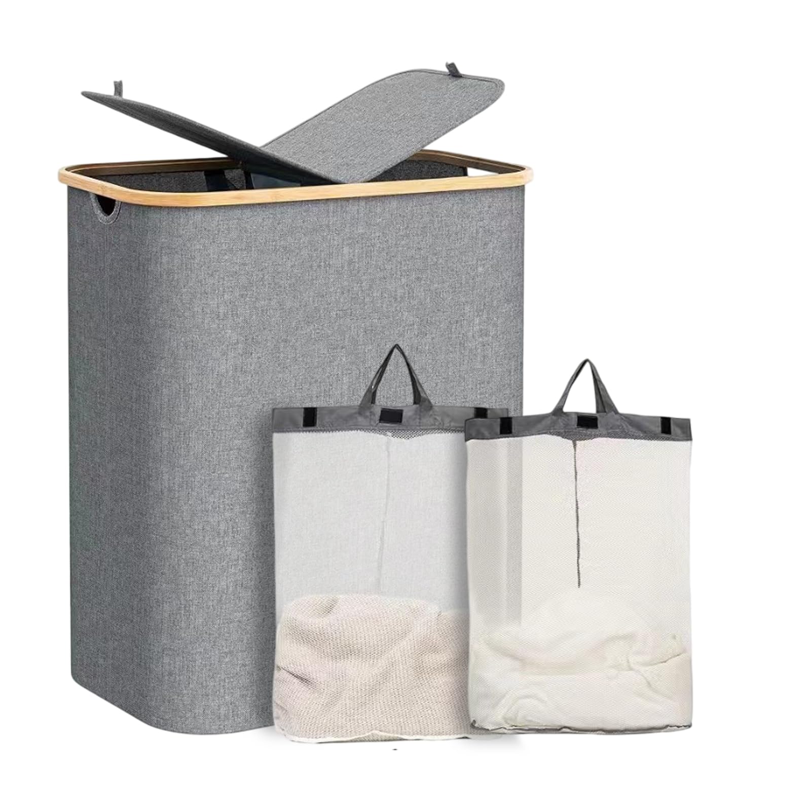 150L Laundry Basket with Lid, 2 Compartment Foldable Laundry Hamper, Extra-Large Clothing Sorting Bin with Lid, Washing Basket for Separating Clothes in Bathrooms, Bedrooms, and Laundry Rooms (Grey)
