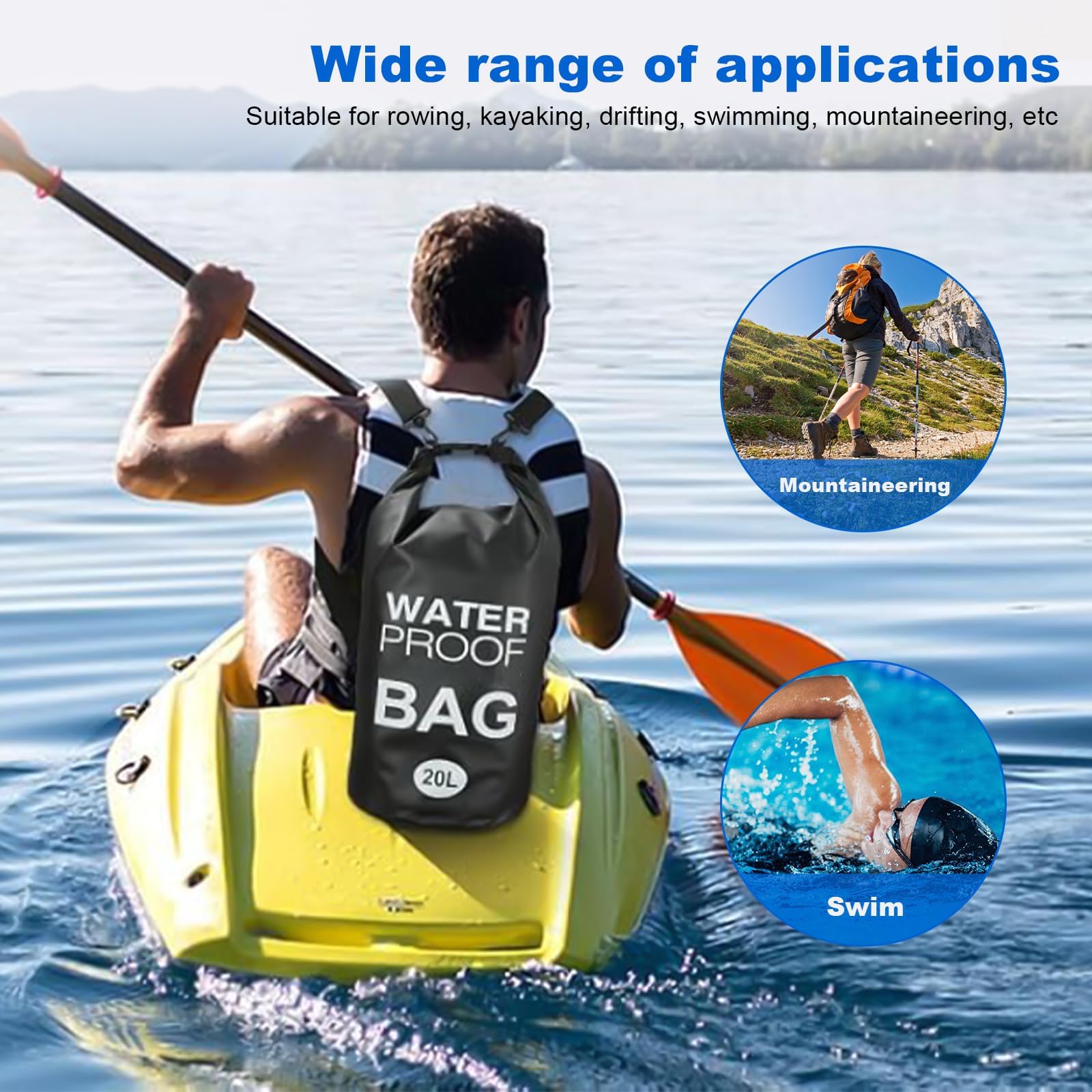 Zaino Impermeabile 20L, Sacca Impermeabile PVC con Tasca Phone, per Sport Acquatici, Nuoto, Barca - Borsas Impermeabile Mare