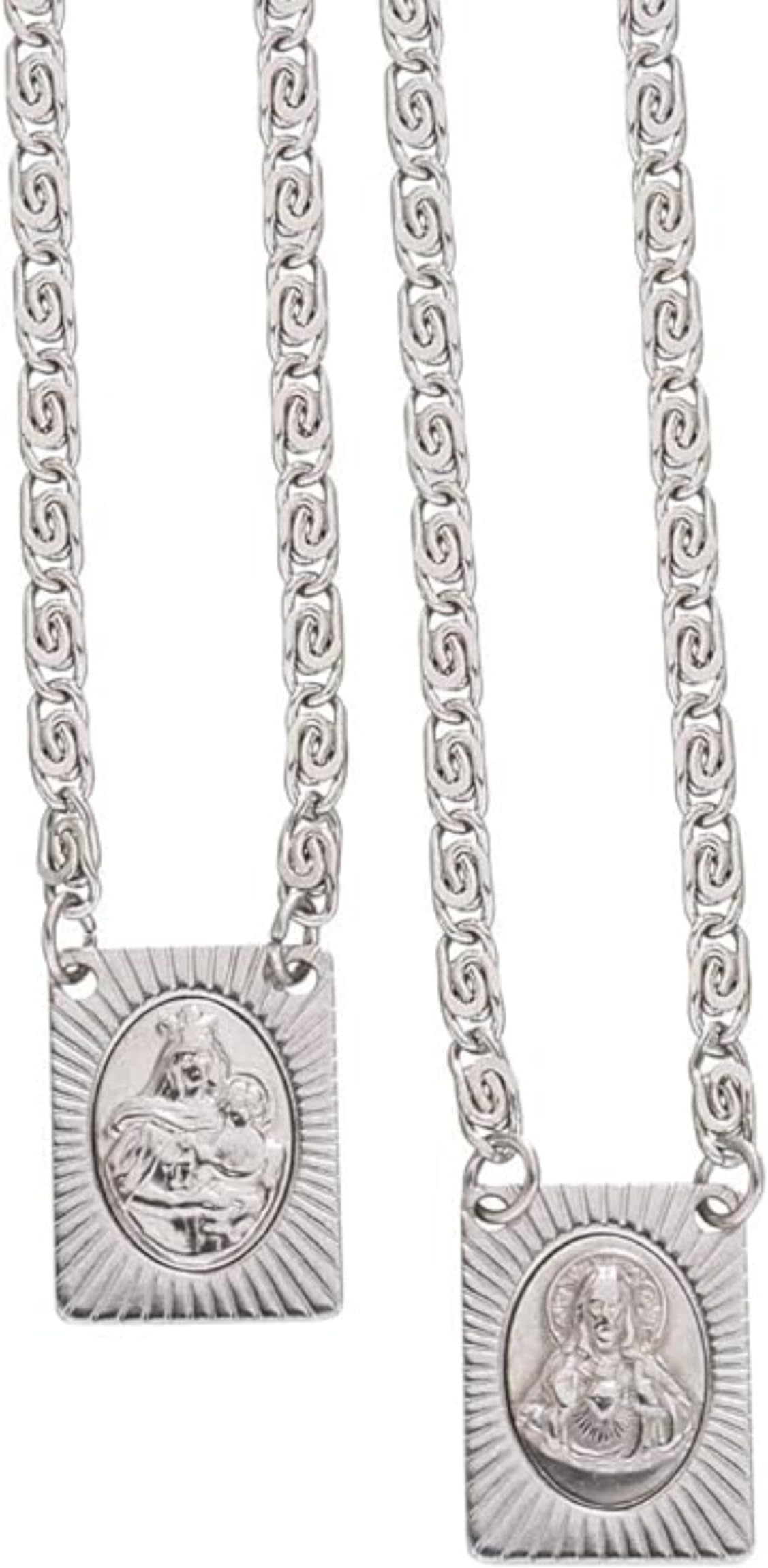 Stainless Steel Chain and Medal Scapulars with Sacred Heart of Jesus & Our Lady of Mount Carmel Icons Catholic Devotional Religious Necklace for Women & Men - 14 Inch - Escapularios Catolicos