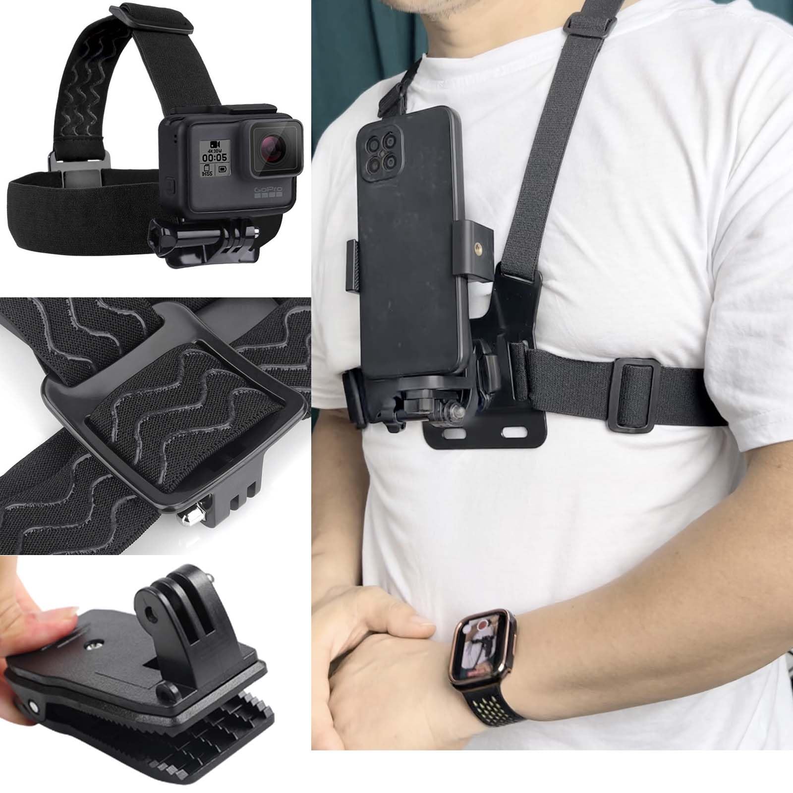 JAMUILS Harnais Poitrine + Support Tête Smartphone - Kit Accessoires Caméra Action GoPro DJI Insta360 IPhone - Idéal Randonnée Sport