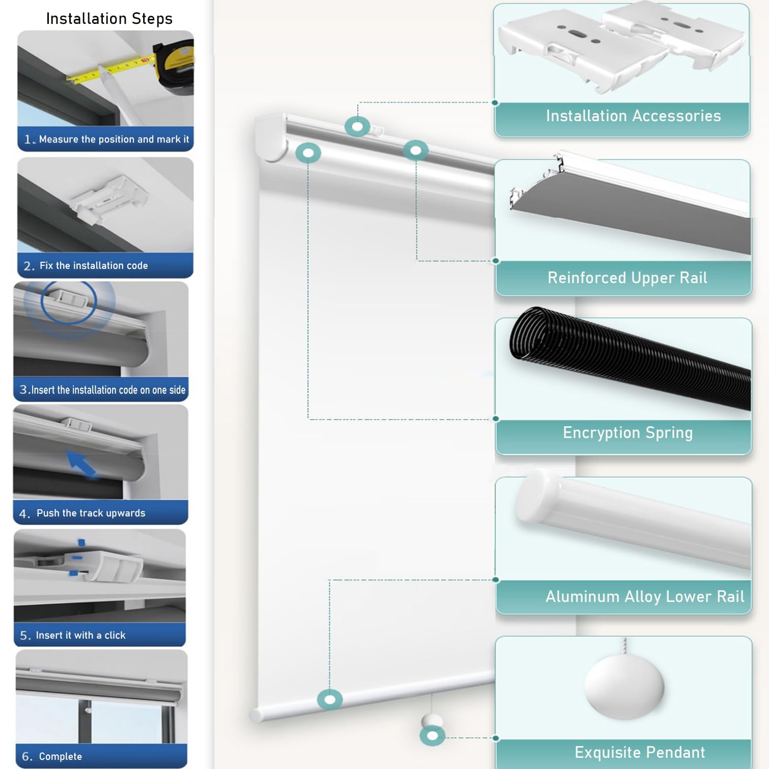 Tenda a Rullo Oscurante per Finestre,Tende Avvolgibile con Sistema a Molla,Protezione UV,Isolamento Termico,per Casa,Ufficio,Bianco,Personalizza,Larghezza x Altezza (160cm x 100cm)