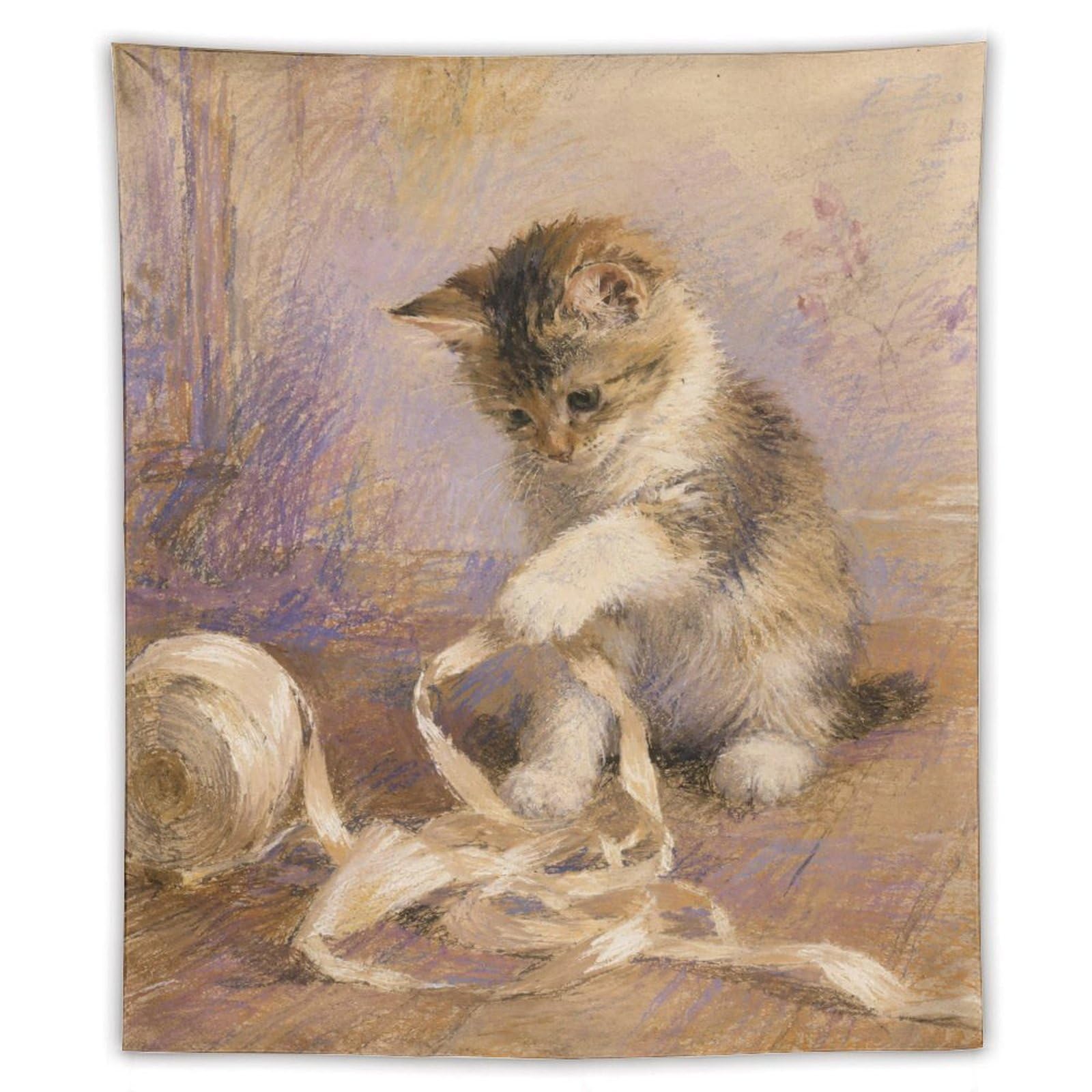 H3B8U2Y5 Kitten with Yarn Wall Tapestry, Watercolor, College Dorm
