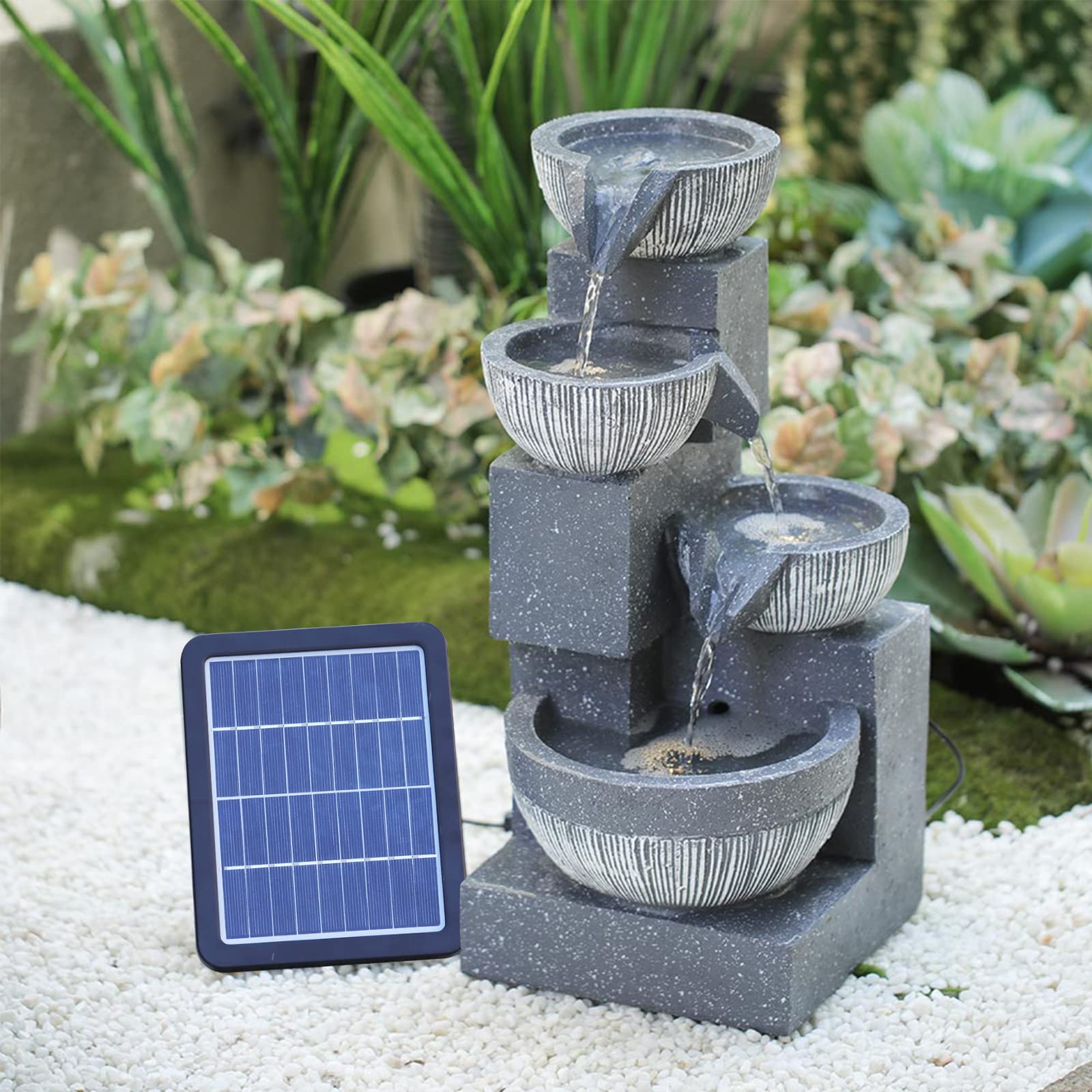 BTGGG Solarbrunnen für Draussen, 4-Stufiger Springbrunnen Solar mit LED Beleuchtung, Solar Springbrunnen für Außen, Gartenbrunnen Zimmerbrunnen Wasserspiel Solar für Garten, Terrasse, Balkon Deko