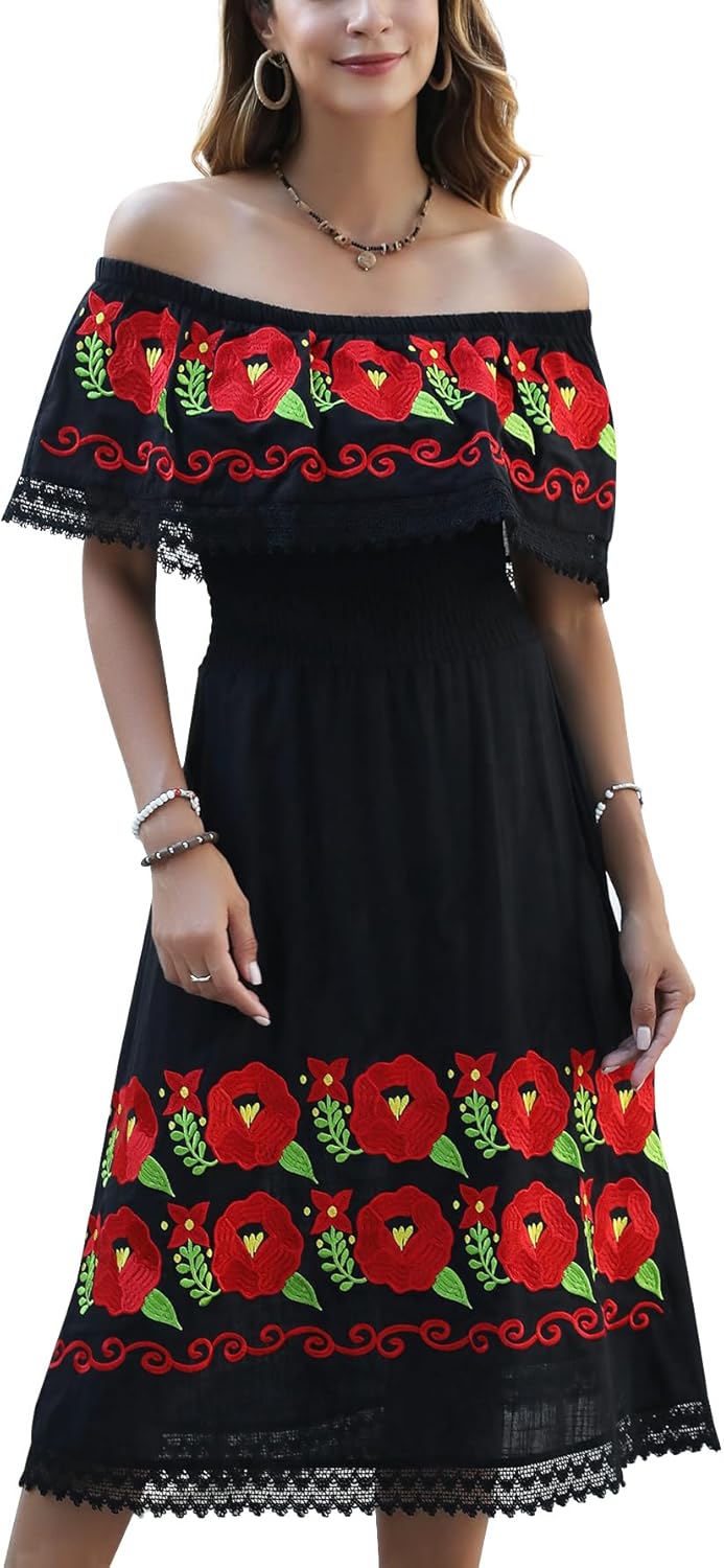Mexican Dress for Women Embroidered Traditional Floral Fiesta Off The Shoulder Dresses Diverse Embroidered Patterns