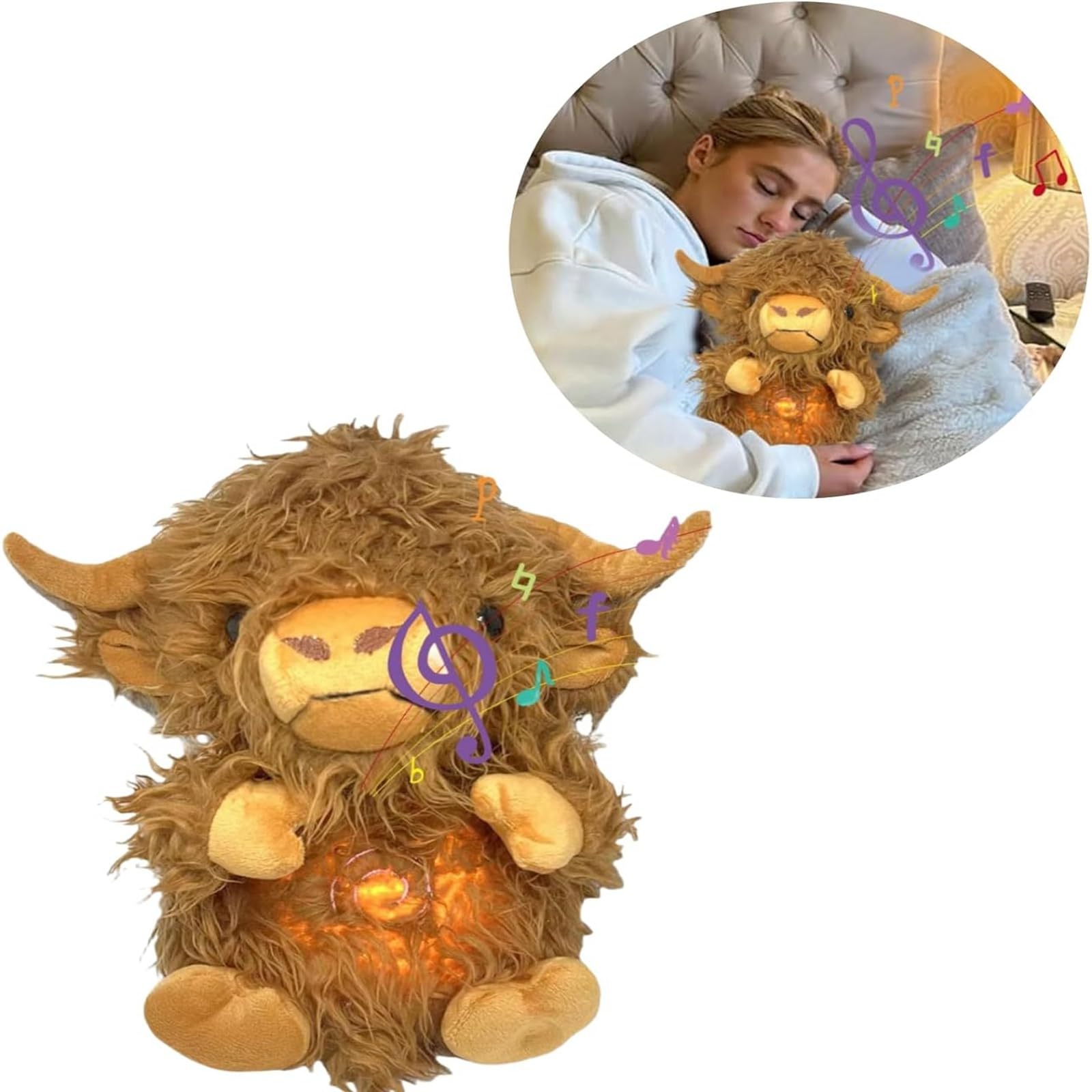 Peluche Highland Cow Con Respiración, Luces Y Música, Para Bebés Y Adultos, Alivia La Ansiedad Y Ayuda A Dormir