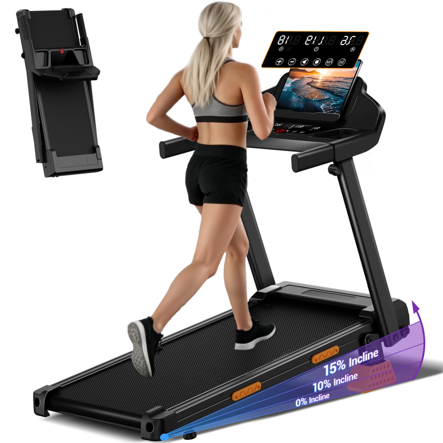 UMAY Tapis Roulant Salvaspazio con Inclinazione 15% | Tapis Roulant Elettrico 12KM/H, Tapirulan Pieghevole da Casa con Motore da 3.0 HP e Display LED, Carico Massimo 160KG