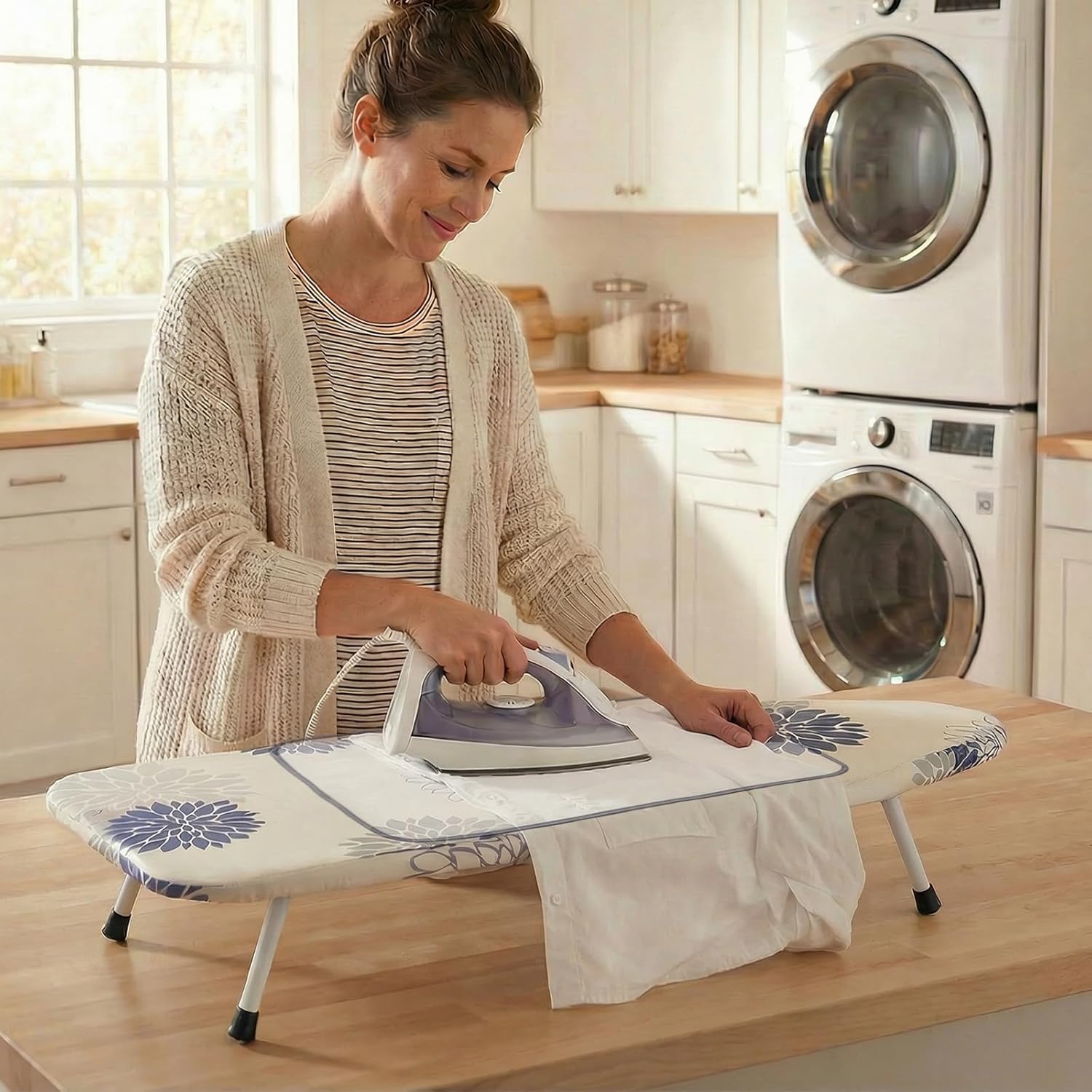 SheeChung Tabletop Ironing Board 12"x32" +Small Ironing Board Cover and Pad for Household Laundry,Dahlia