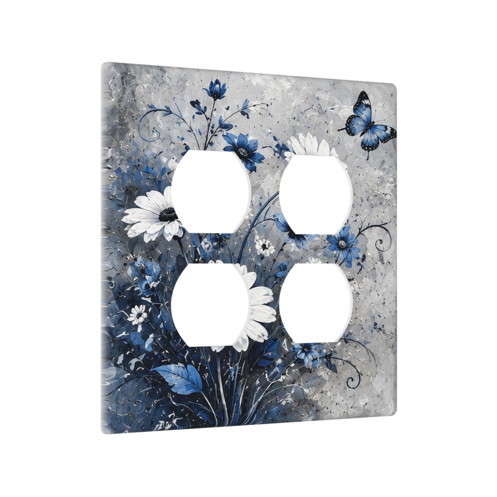 Yamxbfa Decorative Outlet Covers Vintage Blue White Daisy Floral Blue Butterfly 2 Gang Light Switch Cover Plate Double Duplex Wall Plates Electrical Switch Plate Covers for Home Decor
