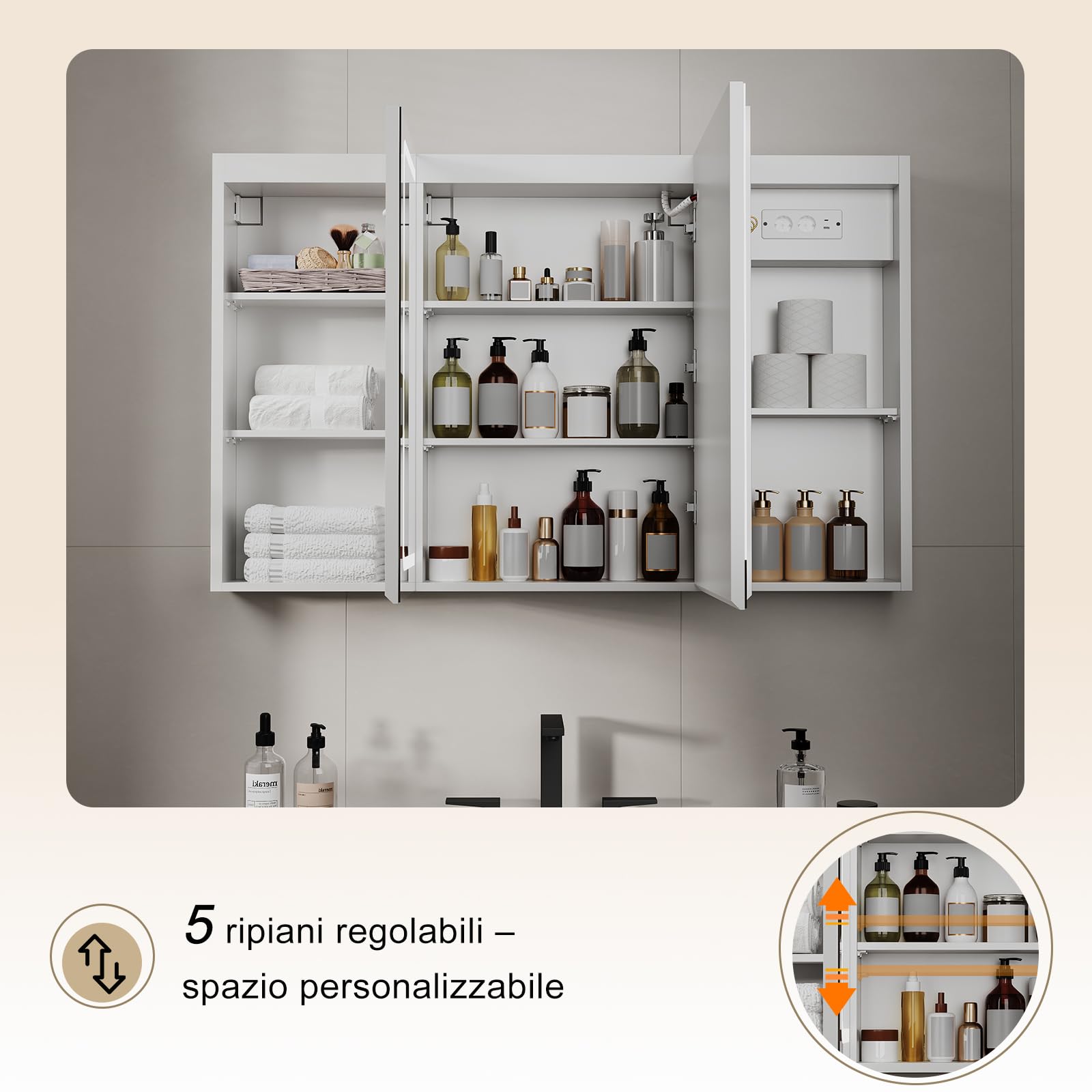 TRIUMPHKEY Specchiera Bagno con Luci, 120 x 75 cm, Design Pieghevole a 3 Ante, LED Dimmerabile, Cerniere ad Ammortizzamento, Antiappannamento, Prese Integrate e USB, 5 Livelli di Spazio Contenitivo