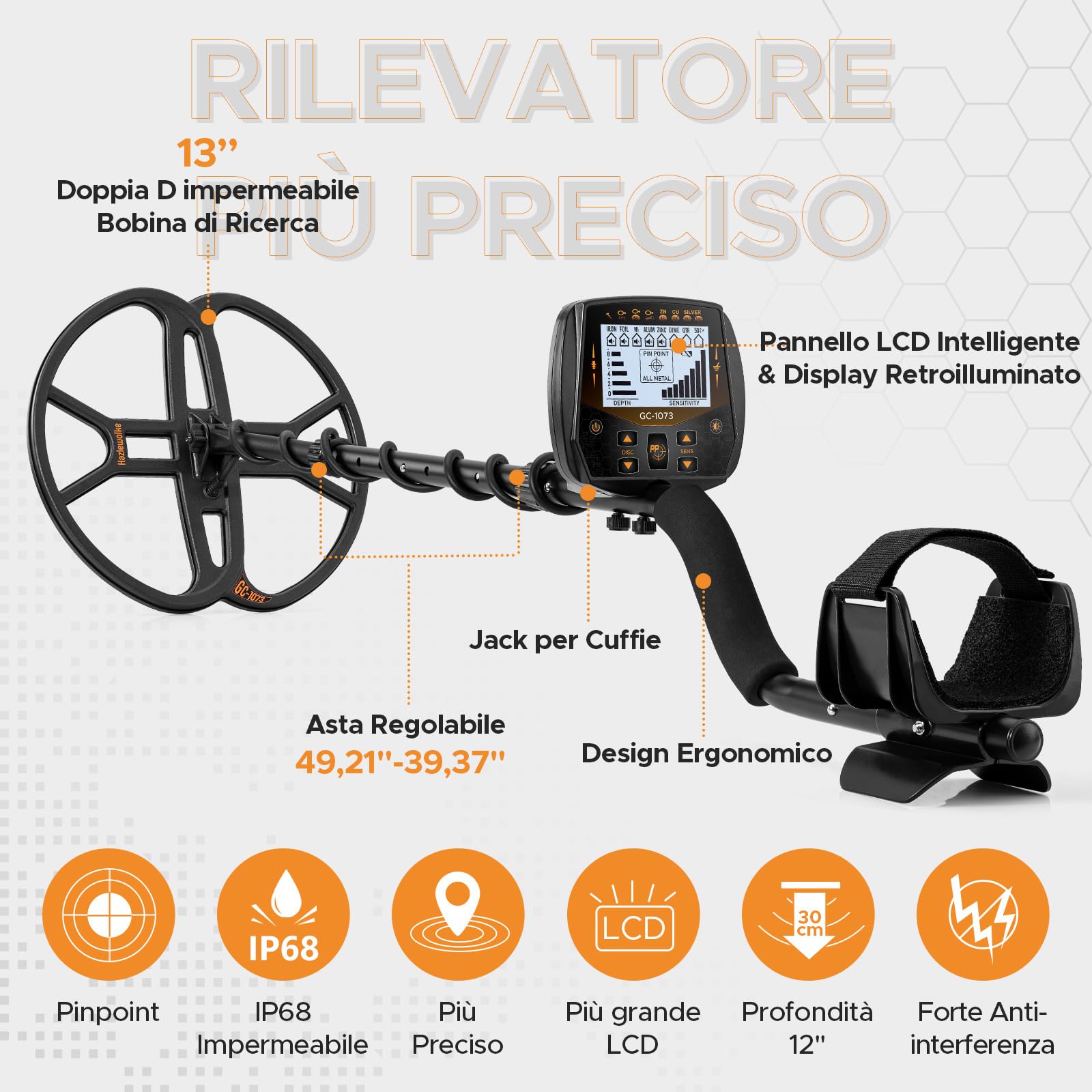 Hazlewolke 33CM Metal Detector professionale con bobina di ricerca impermeabile a doppia D di grandi dimensioni da 33CM, alta sensibilità, rivelatore d'oro con display LCD retroilluminato