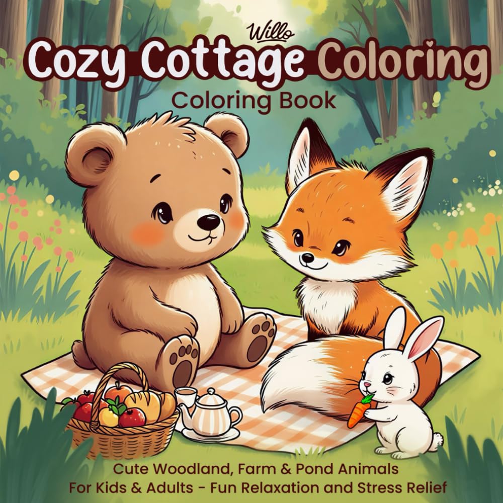 Cozy Cottage Coloring Book: Cute Woodland, Farm & Pond Animals for Kids & Adults